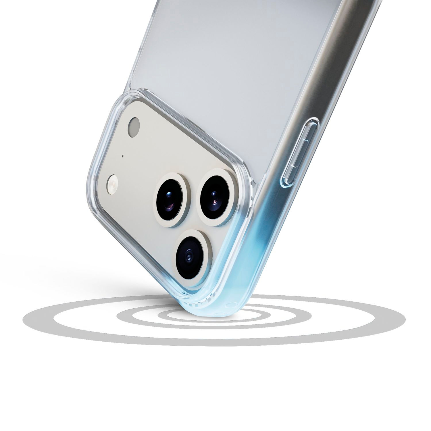 Parte trasera de un smartphone en una funda protectora transparente con tres lentes de cámara sobre anillos concéntricos.