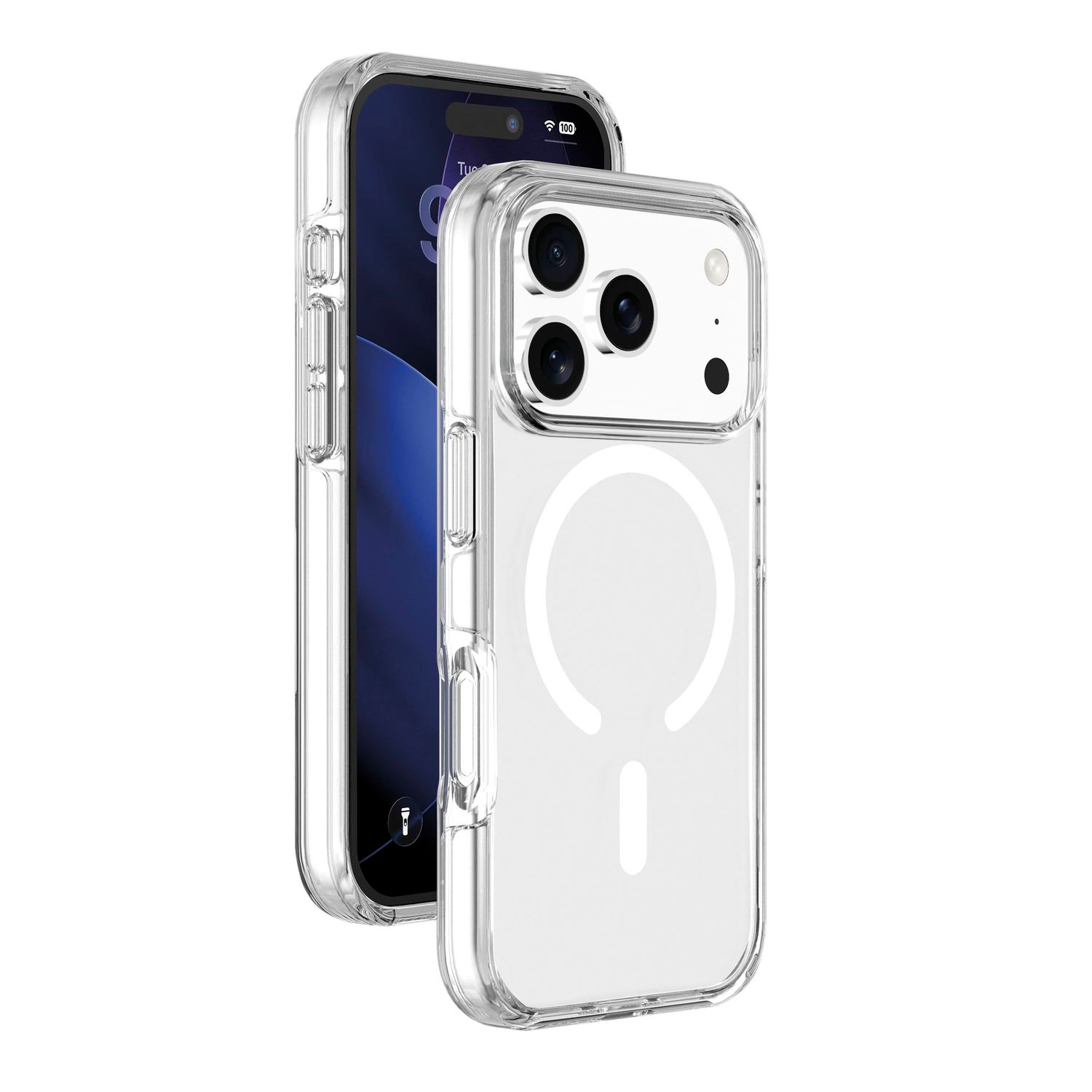 Un smartphone en una funda protectora transparente con anillo MagSafe.