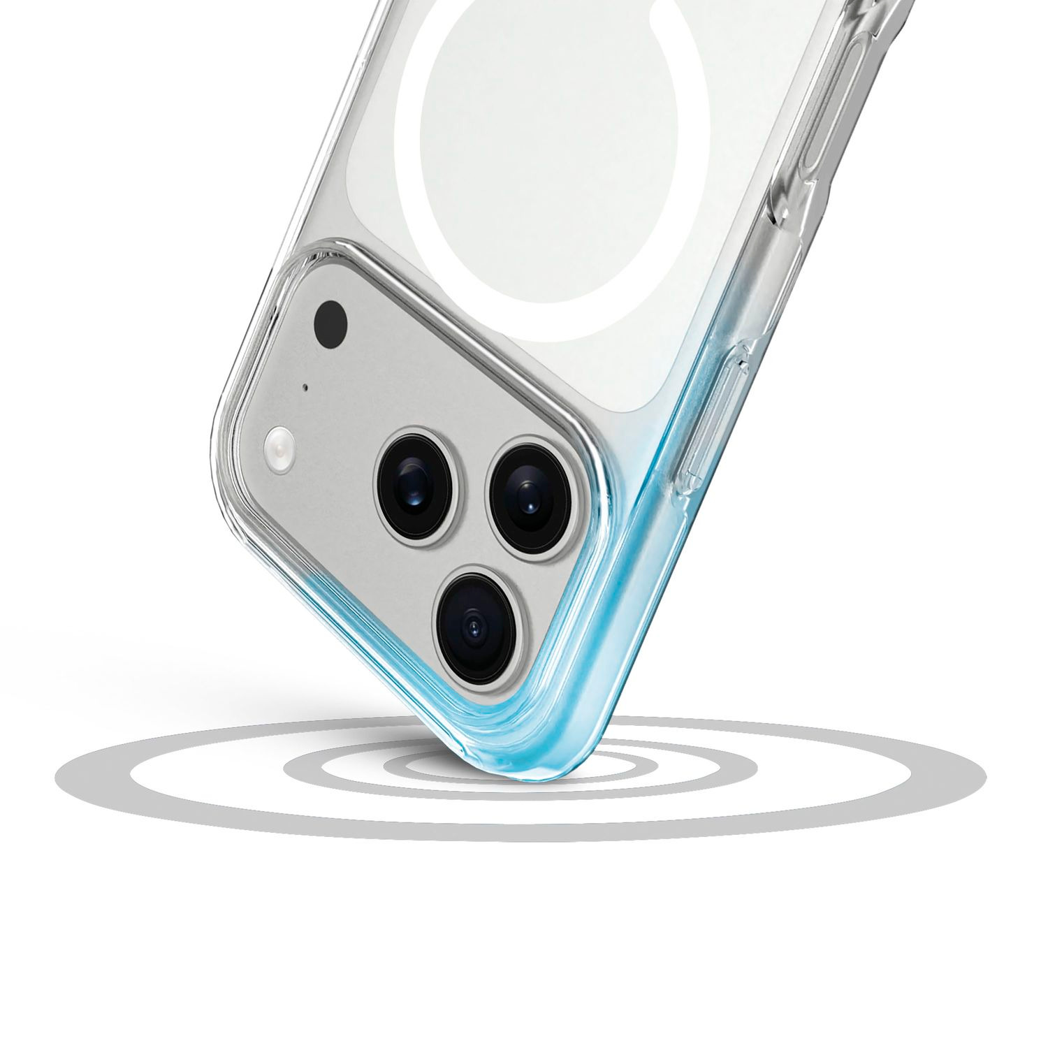 Un smartphone en una funda transparente flota sobre círculos grises en un fondo blanco.