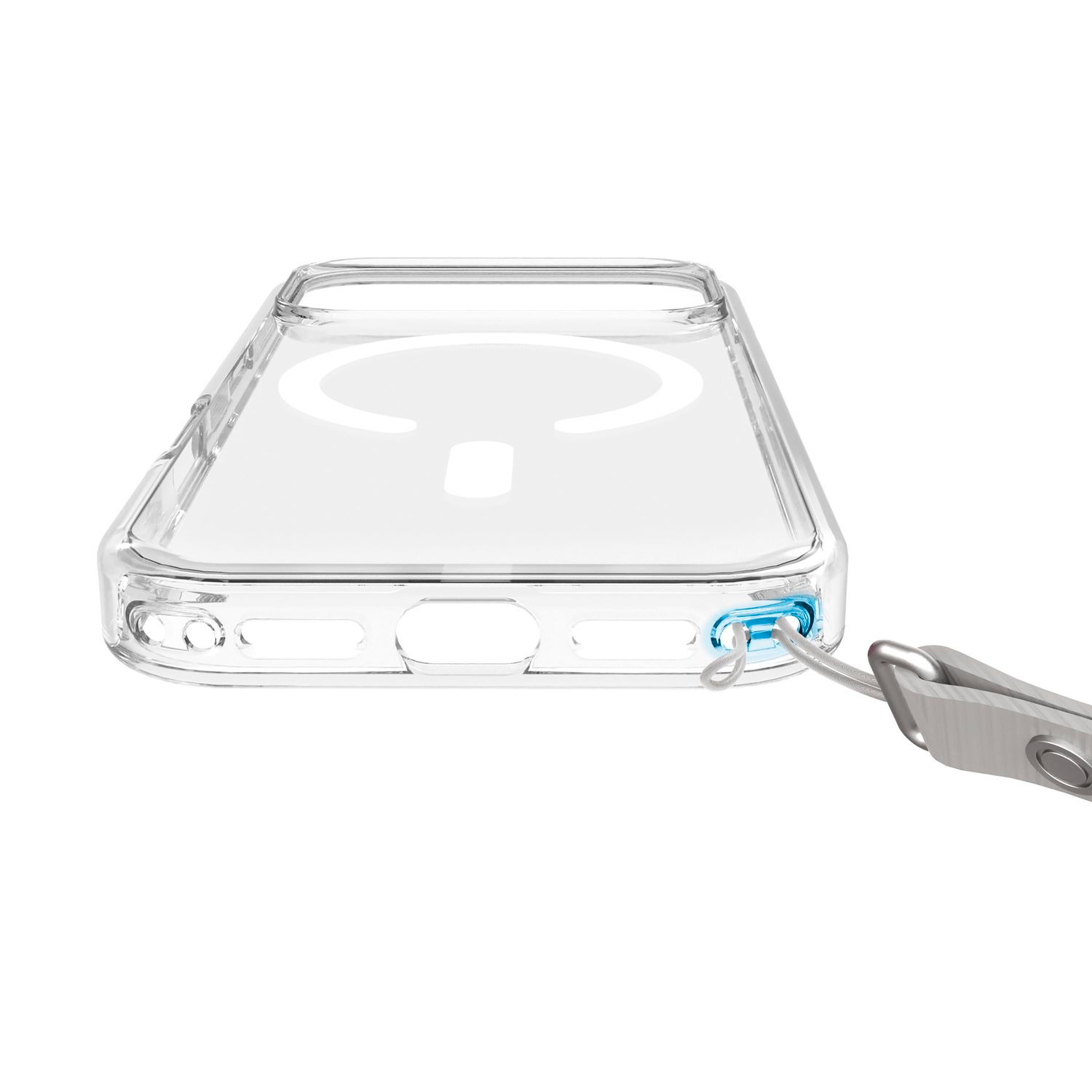 Fundador transparente con anillo MagSafe y cordón gris sujeto en la esquina inferior derecha.