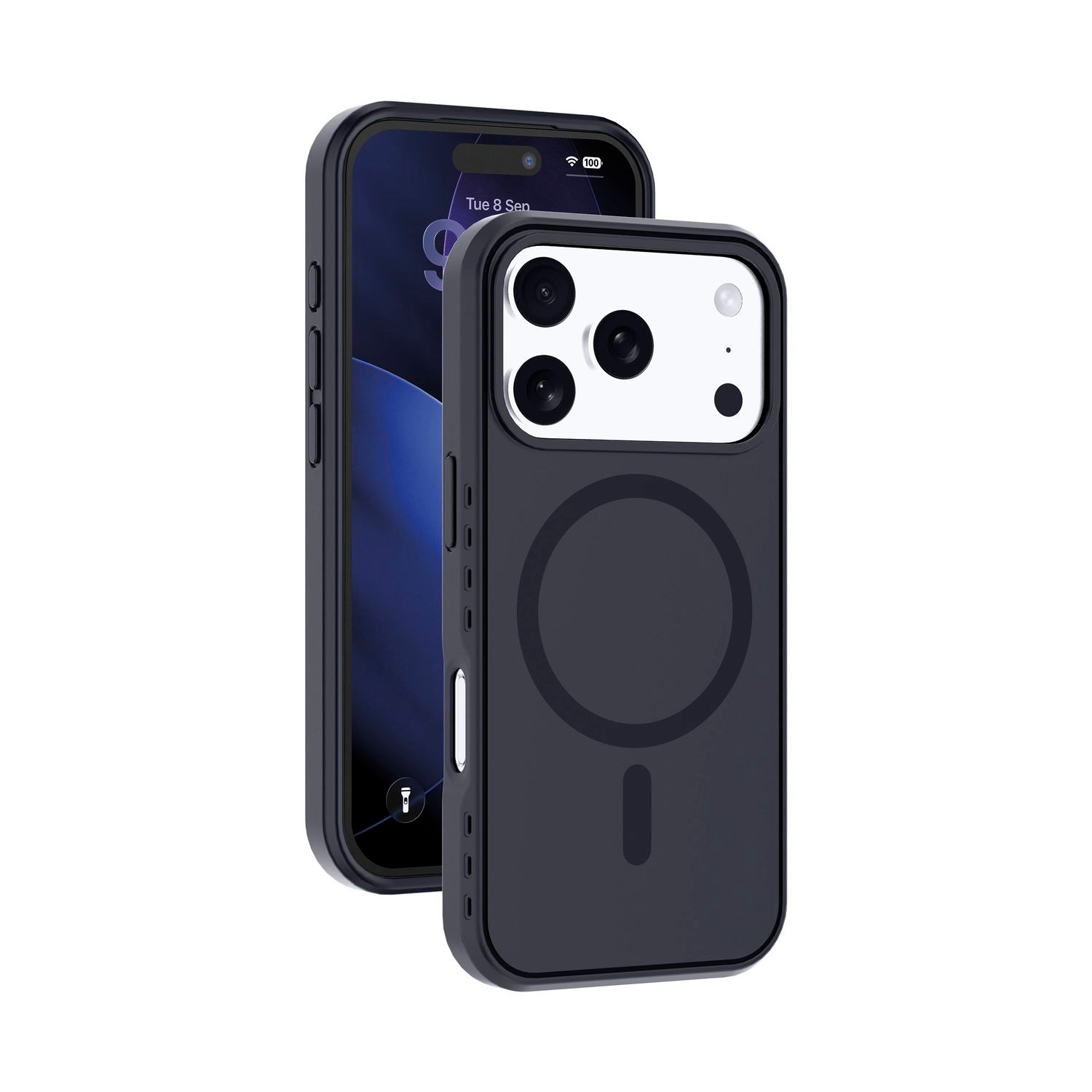 Funda de smartphone negra con anillo MagSafe, vista de frente y dorso sobre fondo blanco.