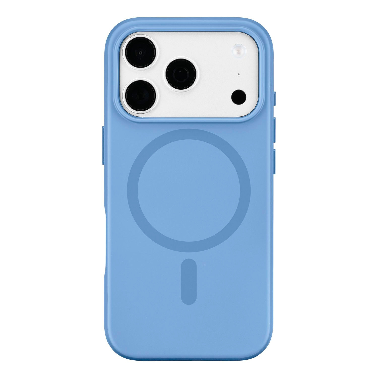 Funda azul para smartphone con anillo MagSafe y sección de cámara blanca sobre fondo blanco.