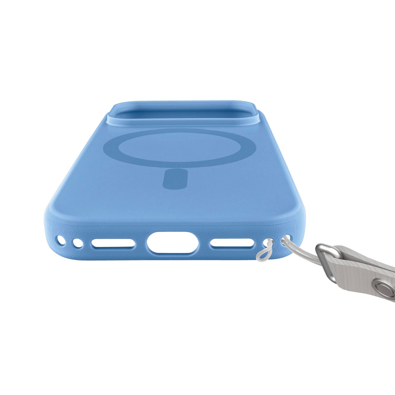Funda de teléfono azul claro con anillo MagSafe y cordón gris adjunto, sobre fondo blanco.