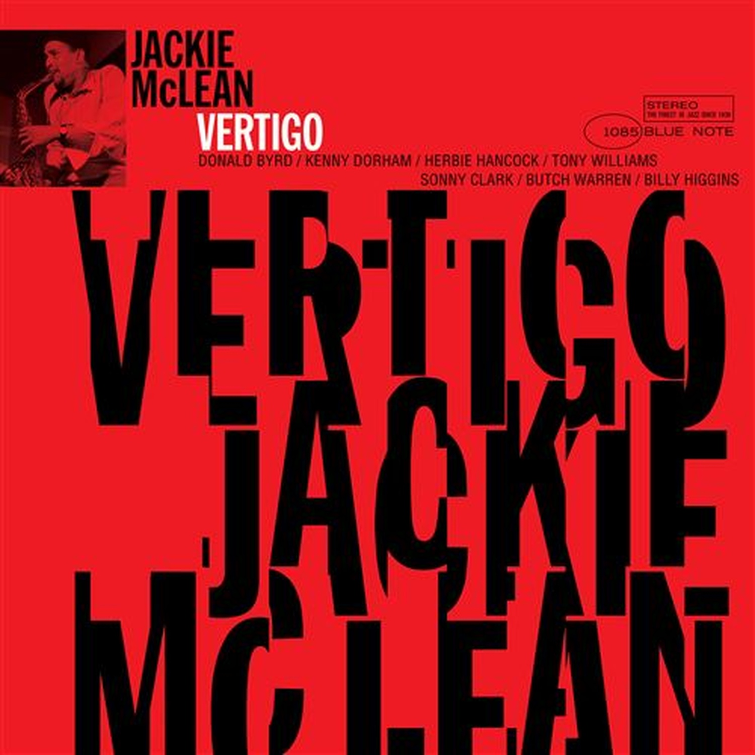 Pochette d'album rouge avec le texte noir "Vertigo Jackie McLean" et une petite photo du saxophoniste.