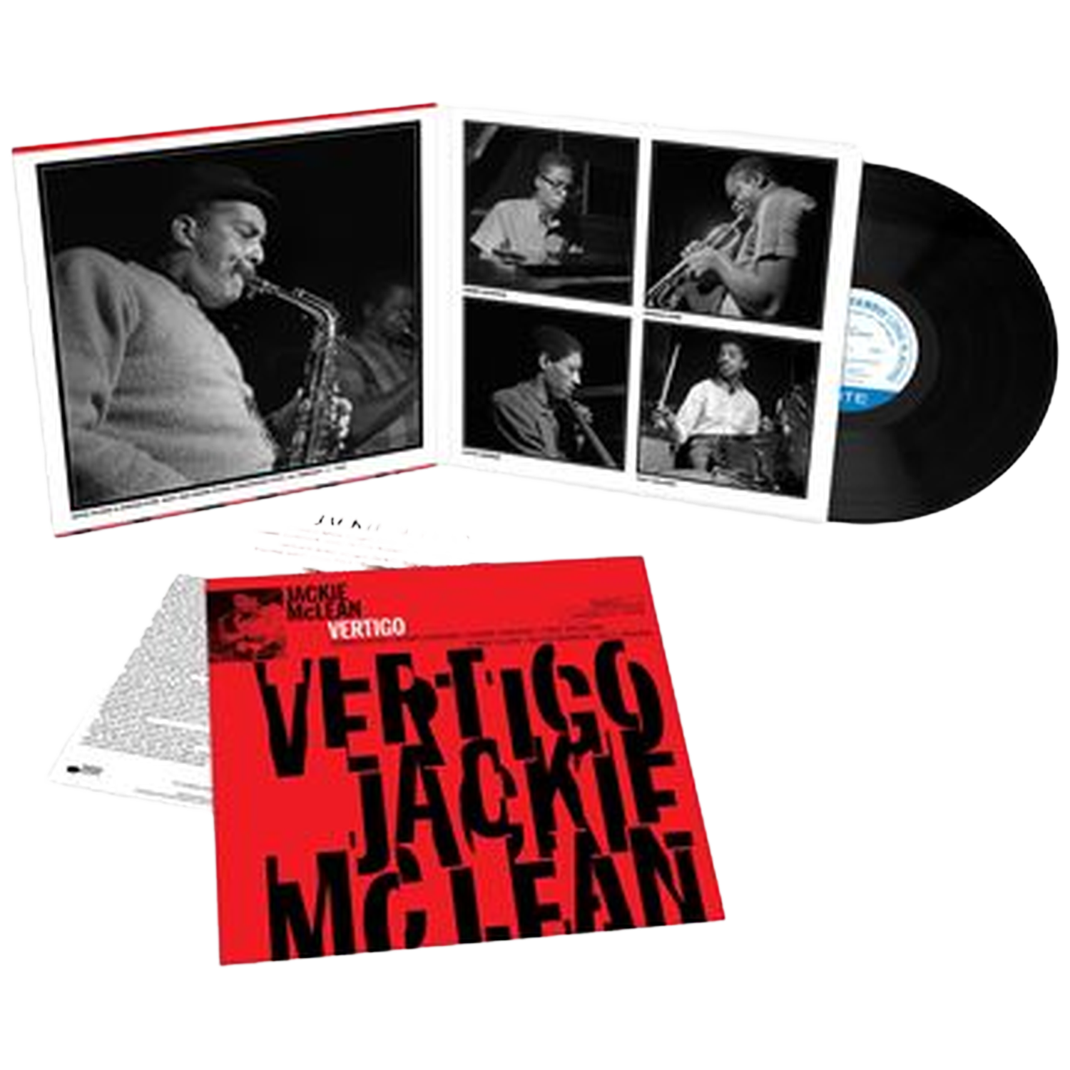 Disque vinyle avec pochette ouvrante montrant des photos de musiciens en noir et blanc et une couverture rouge.