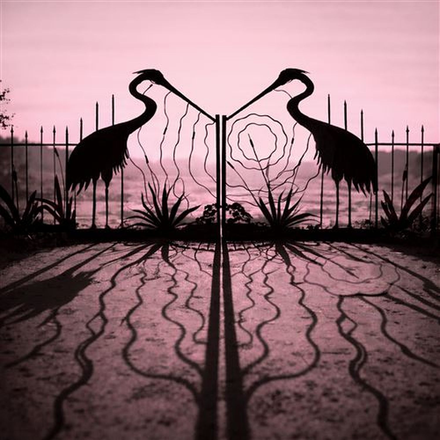 Un portail en fer forgé rose avec des motifs de hérons et des dessins complexes, projetant des ombres au sol.
