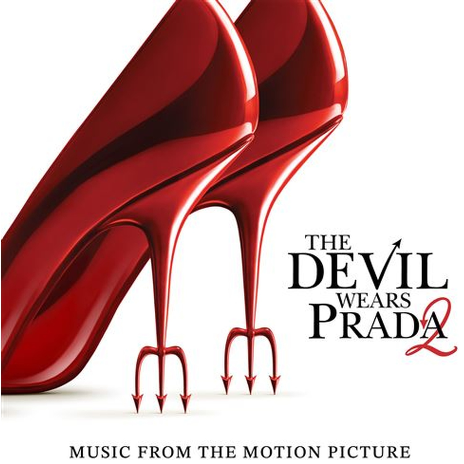 Talons hauts rouges brillants avec des talons trident sur fond blanc avec le titre du film.