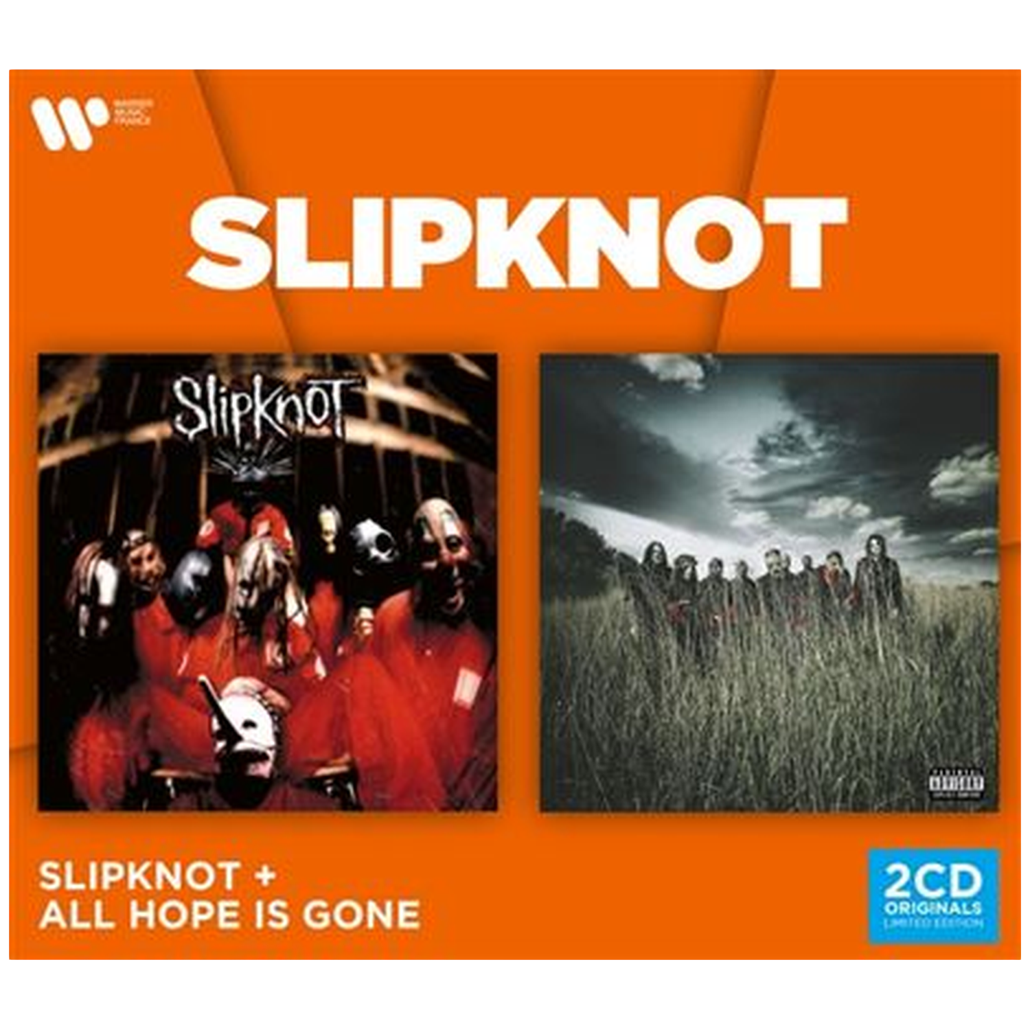 Coffret 2CD Originals de Slipknot montrant les couvertures de Slipknot et All Hope Is Gone sur fond orange.