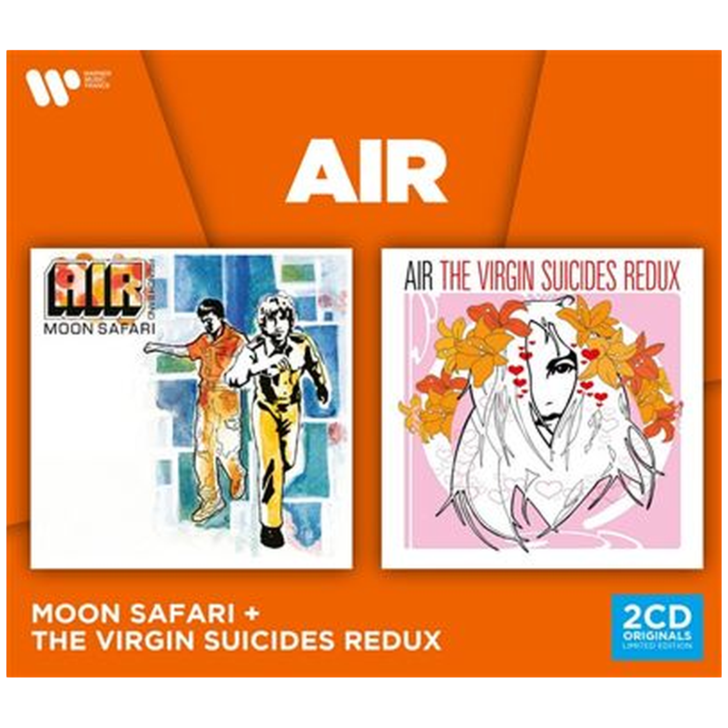 Fond orange avec le double CD d'Air, présentant les pochettes de Moon Safari et The Virgin Suicides Redux.