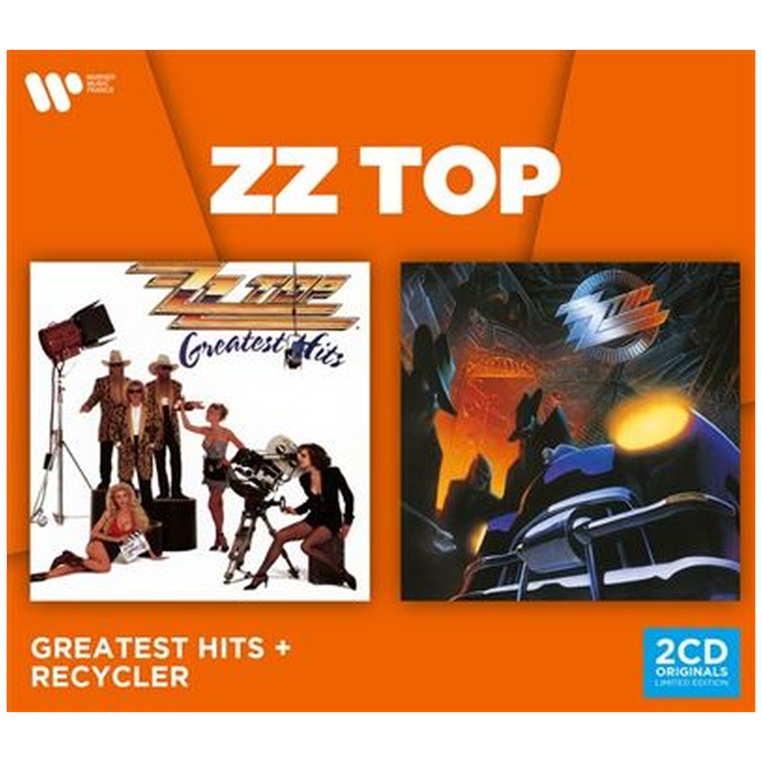 Pochette d'album 2CD ZZ Top avec illustrations de Greatest Hits et Recycler sur fond orange.