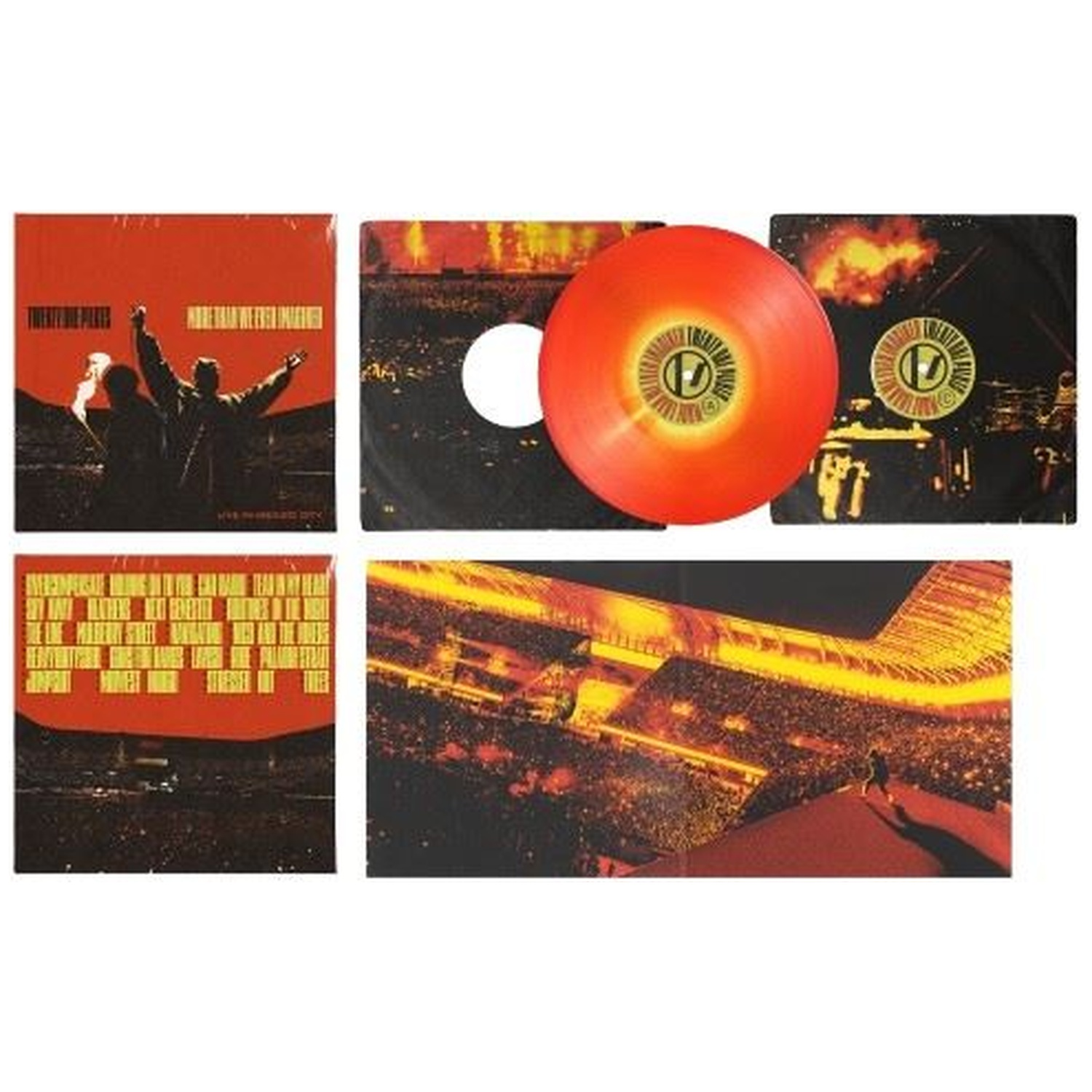 Disque vinyle rouge et noir avec pochettes de concert et images de stade.