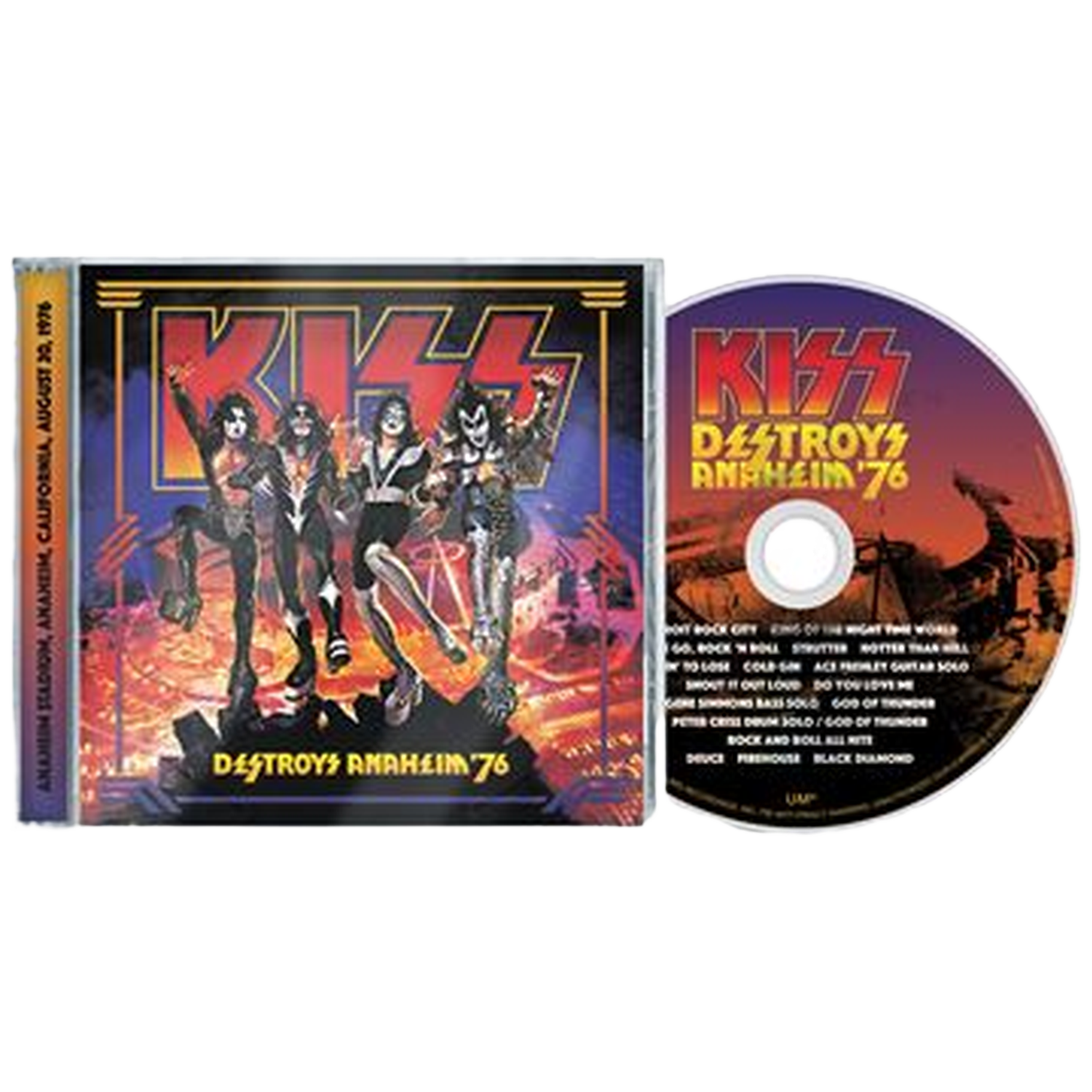 Cd-doosje en schijf van de rockband KISS met het album Destroys Anaheim '76 tegen een zwarte achtergrond.