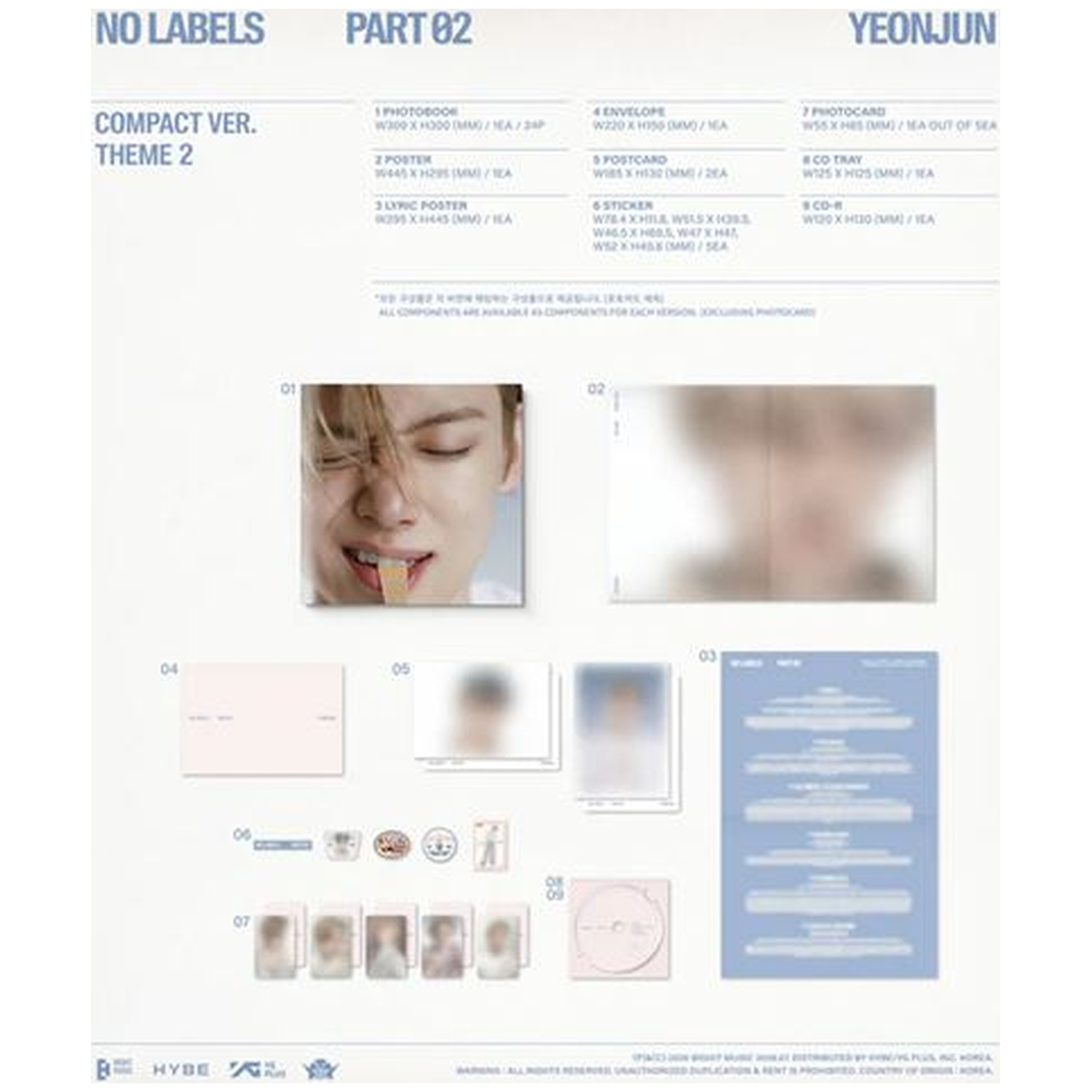 Contenu de l'album avec photobook, posters, autocollants, photocards et CD de Yeonjun.