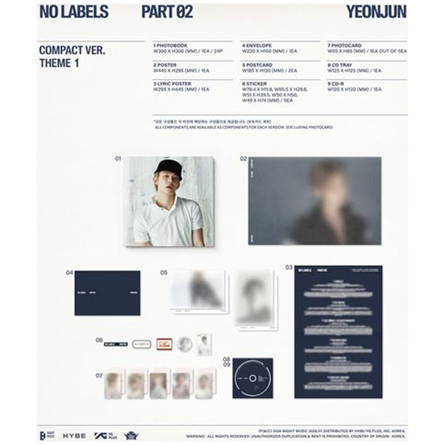 Liste du contenu de l'album avec photos, posters, autocollants et un CD pour Yeonjun No Labels Part 2 Compact Version.
