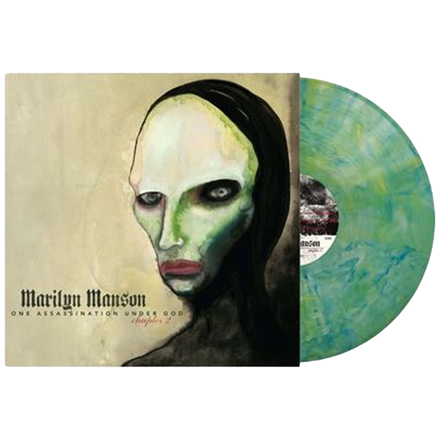 Disque vinyle de Marilyn Manson avec un design marbré vert et une pochette d'album montrant un portrait peint.