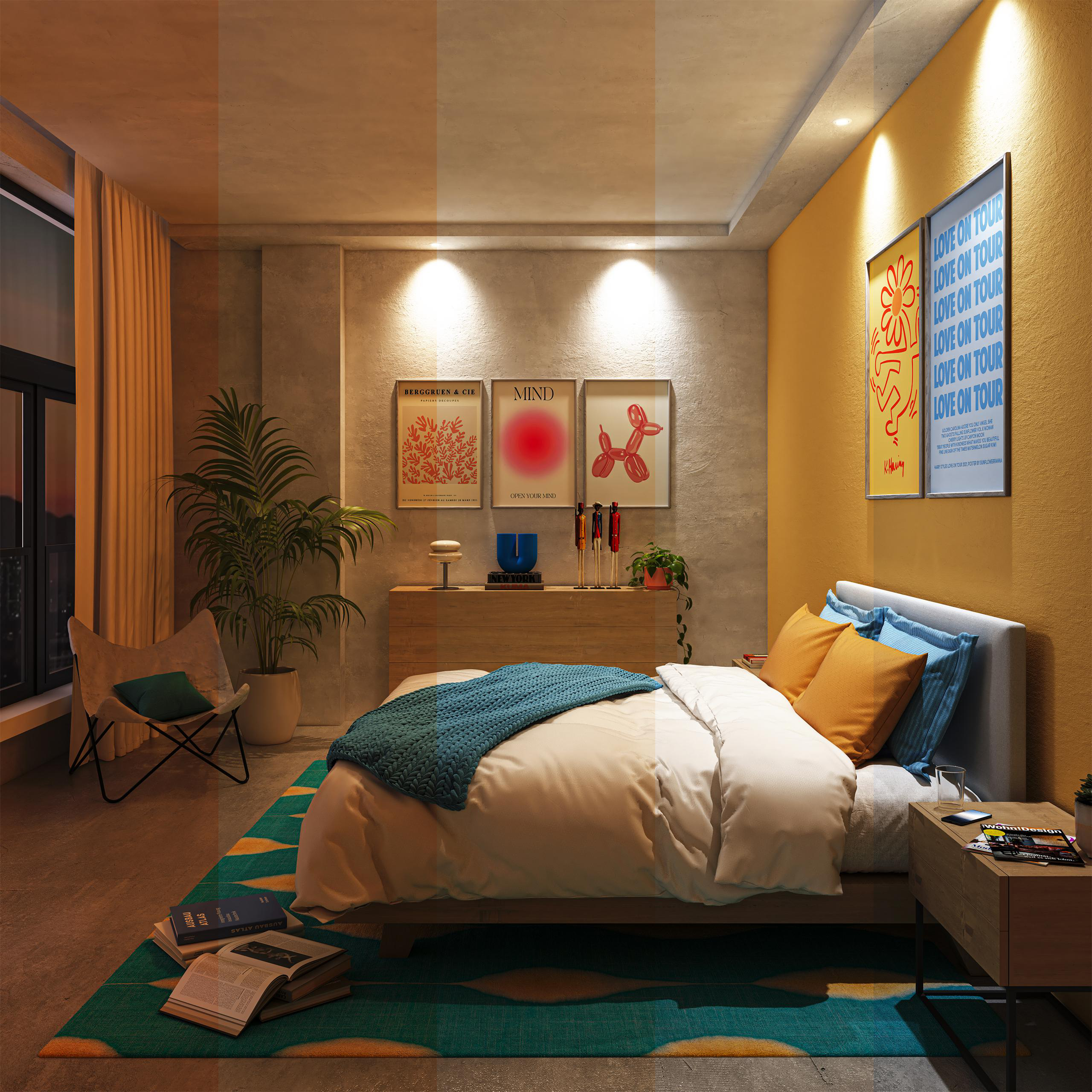 Modernes Schlafzimmer mit gelben Akzenten, Kunst an der Wand, Bett mit blauer Decke und Zimmerpflanze.