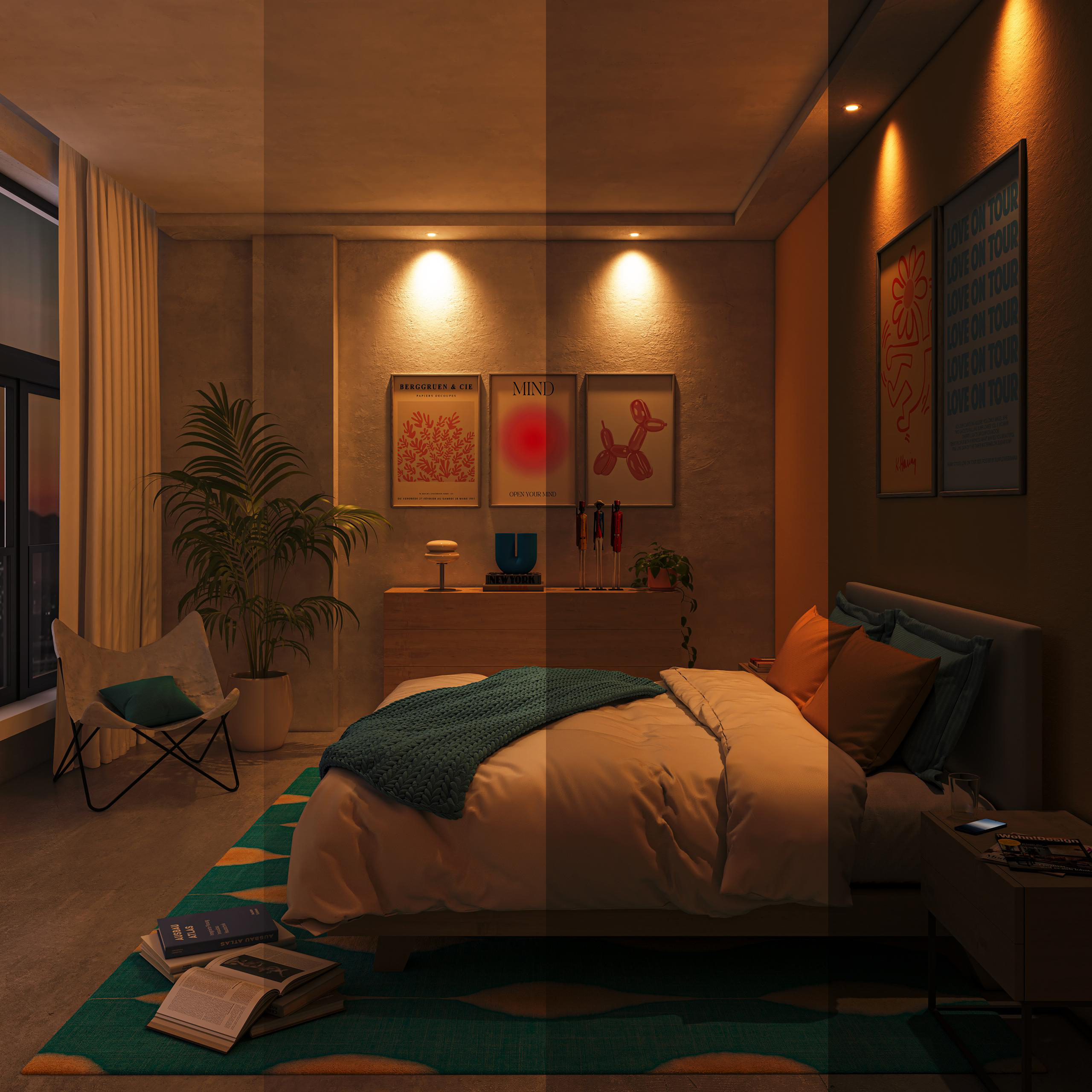 Warm beleuchtetes Schlafzimmer mit Bett, Pflanze, Teppich und gerahmten Postern an der Wand.