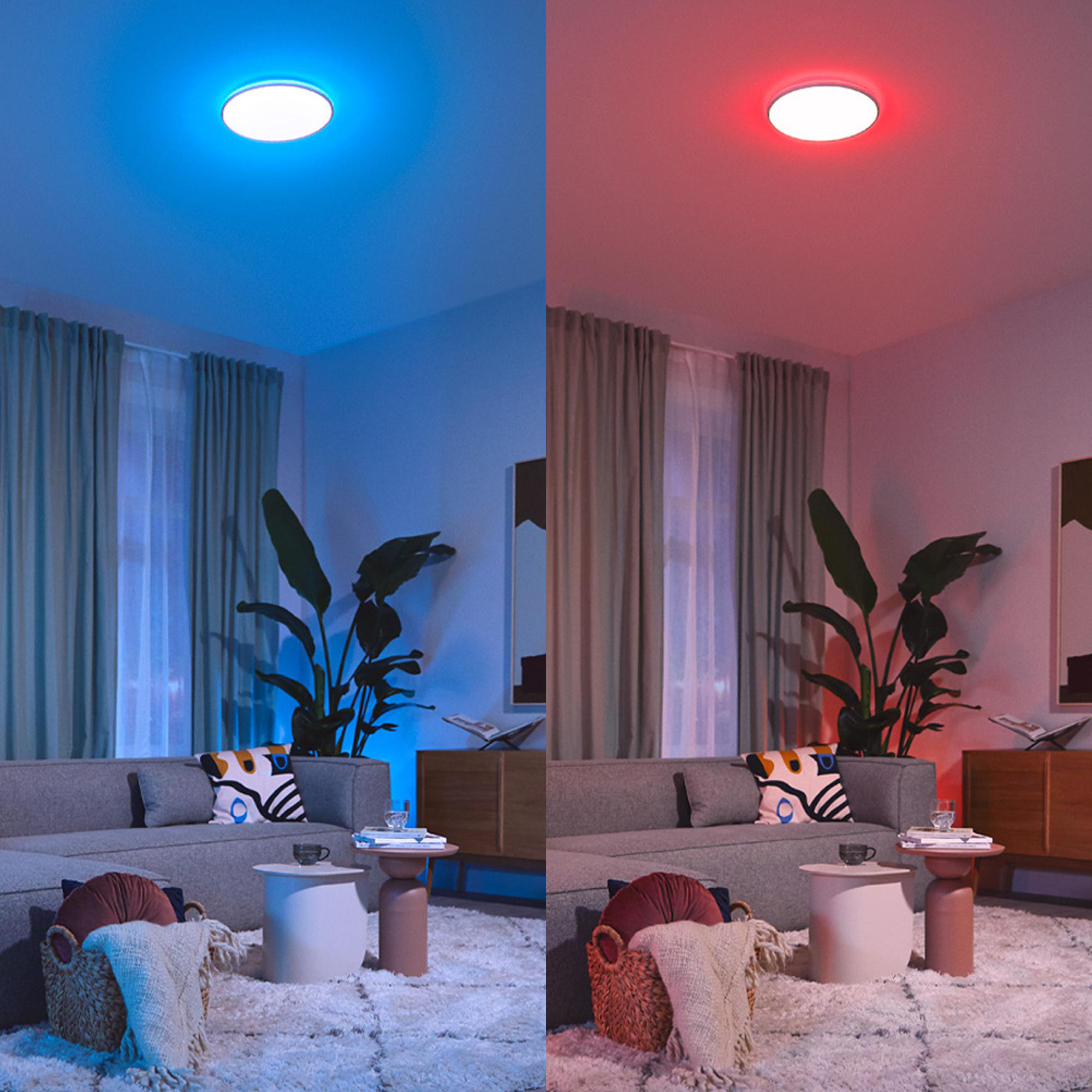Geteiltes Bild eines gemütlichen Wohnzimmers mit blauen und roten Smart-Deckenleuchten.