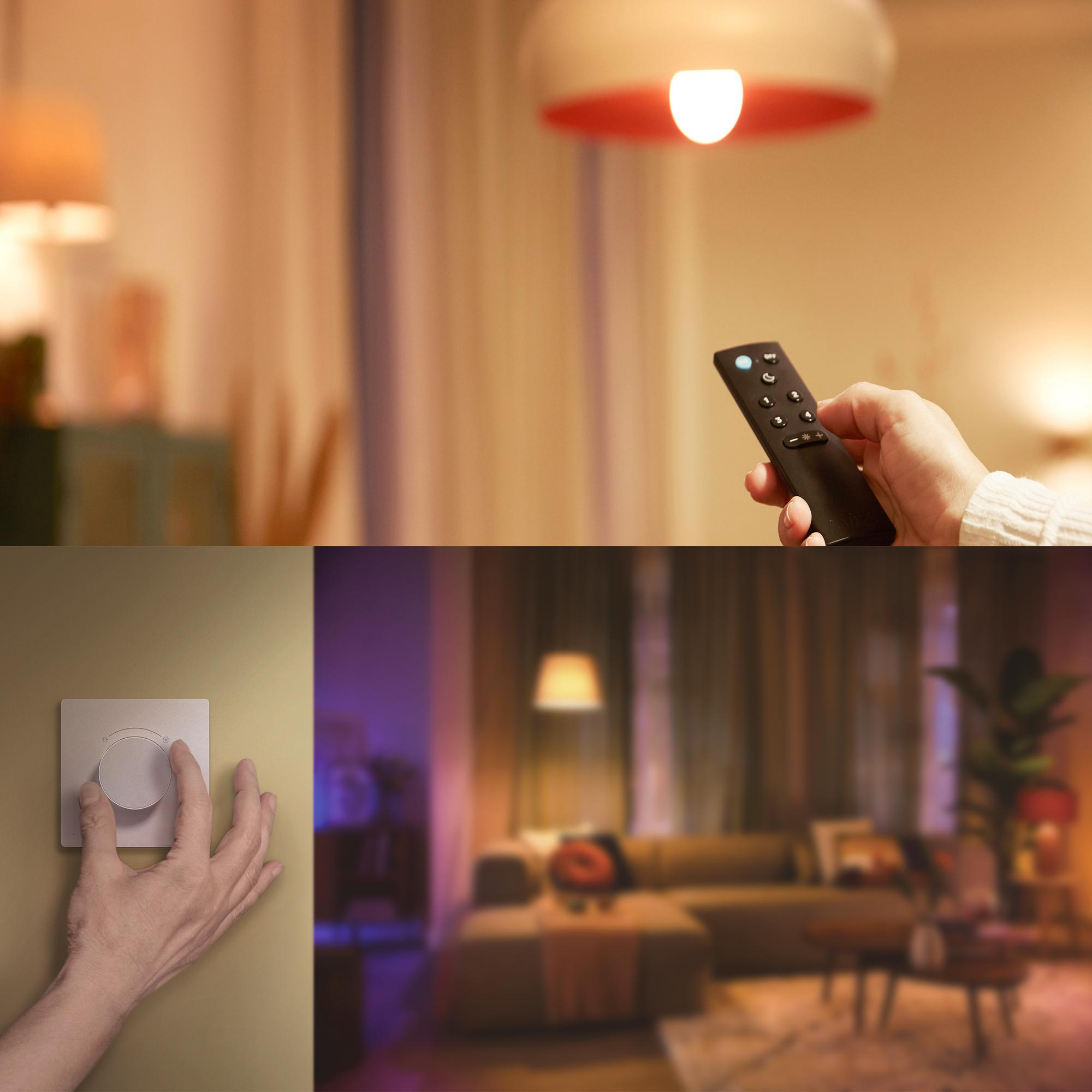Hand hält eine Fernbedienung für Lampen, unten dreht eine Hand an einem runden Dimmschalter in einem Zimmer.