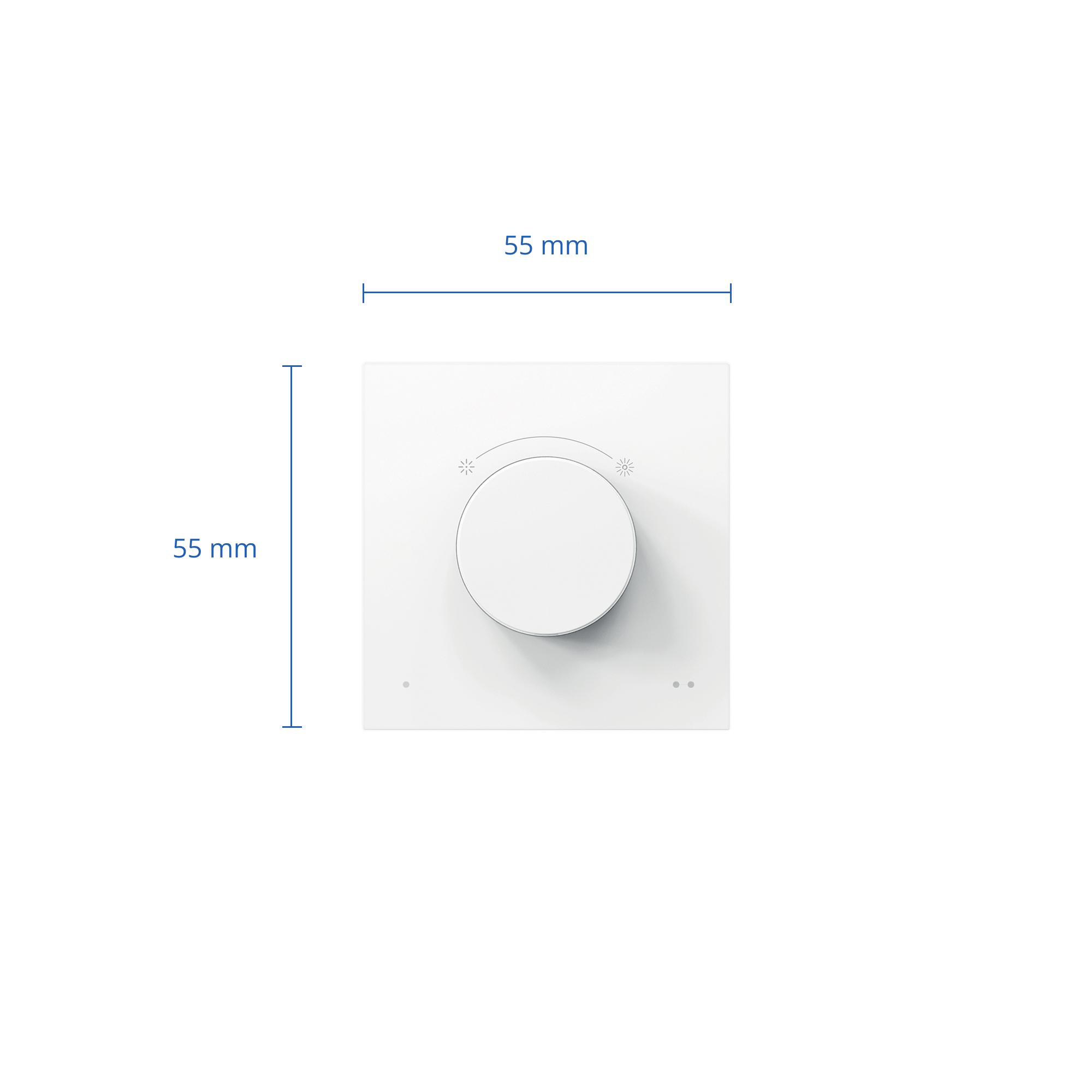 Quadratischer weißer Lichtdimmer mit einem Durchmesser von 55 mm, dargestellt mit blauen Maßlinien.