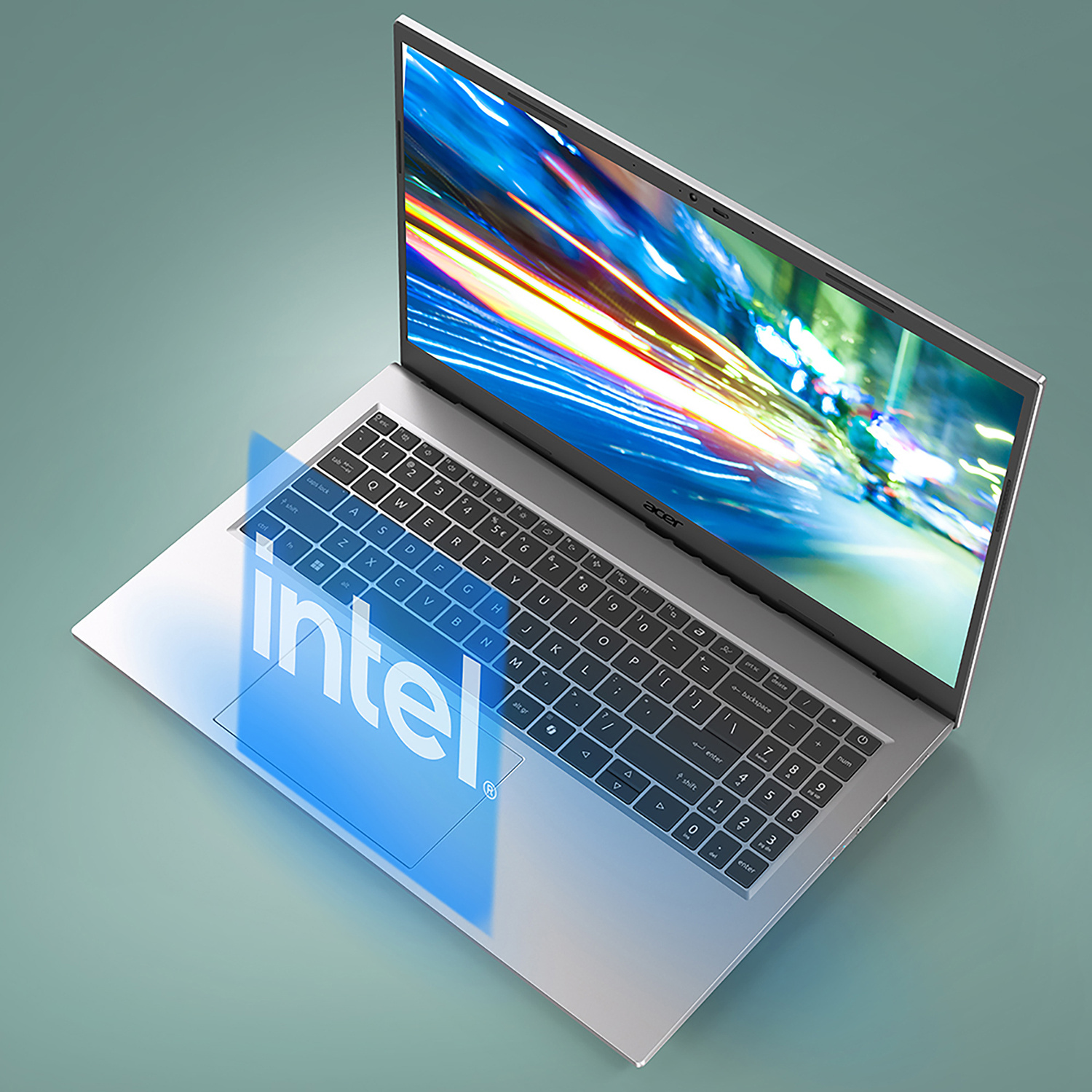Laptop Acer su sfondo grigio con logo Intel luminoso sopra il touchpad.