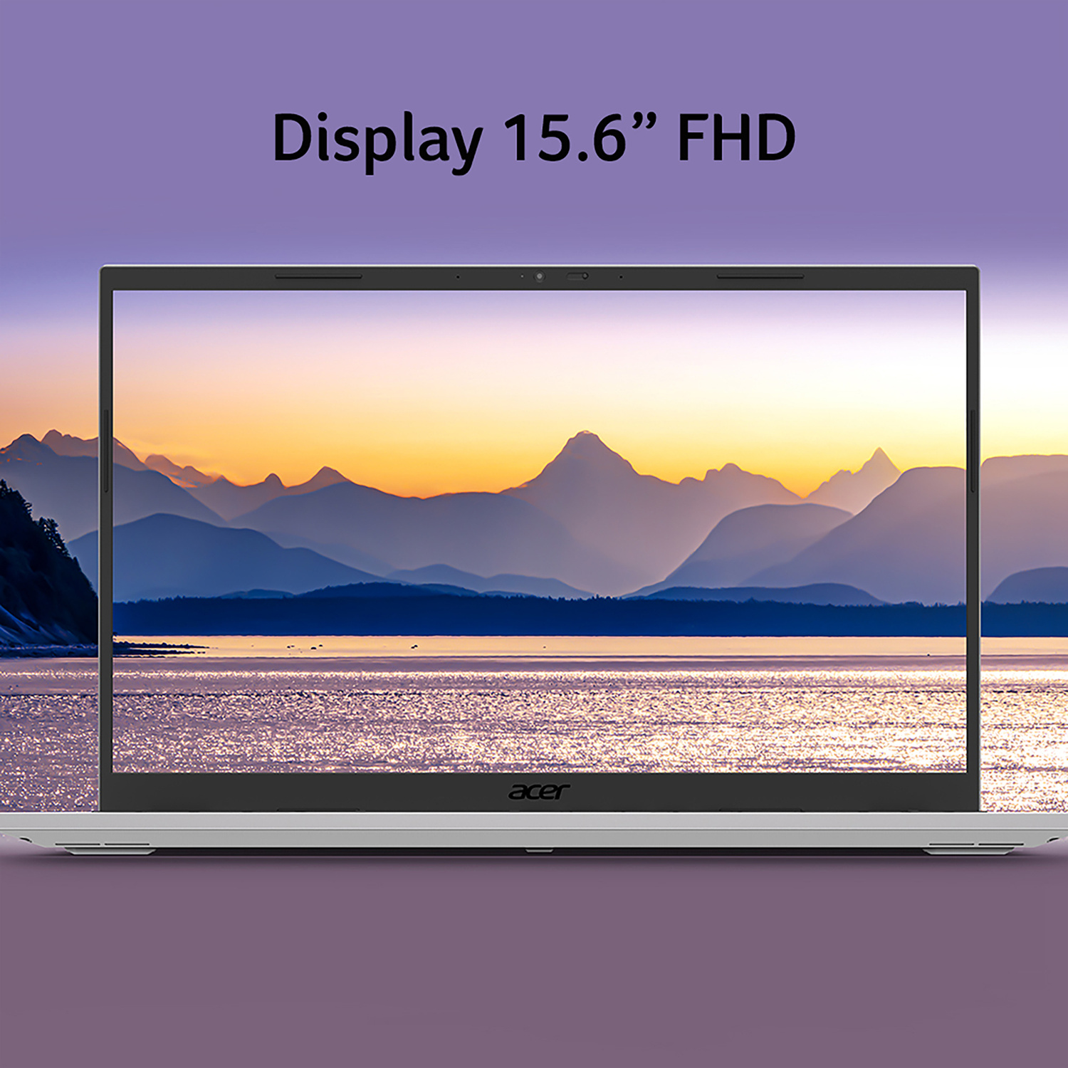 Laptop Acer con display FHD da 15,6 pollici e sfondo di montagna su uno sfondo viola.