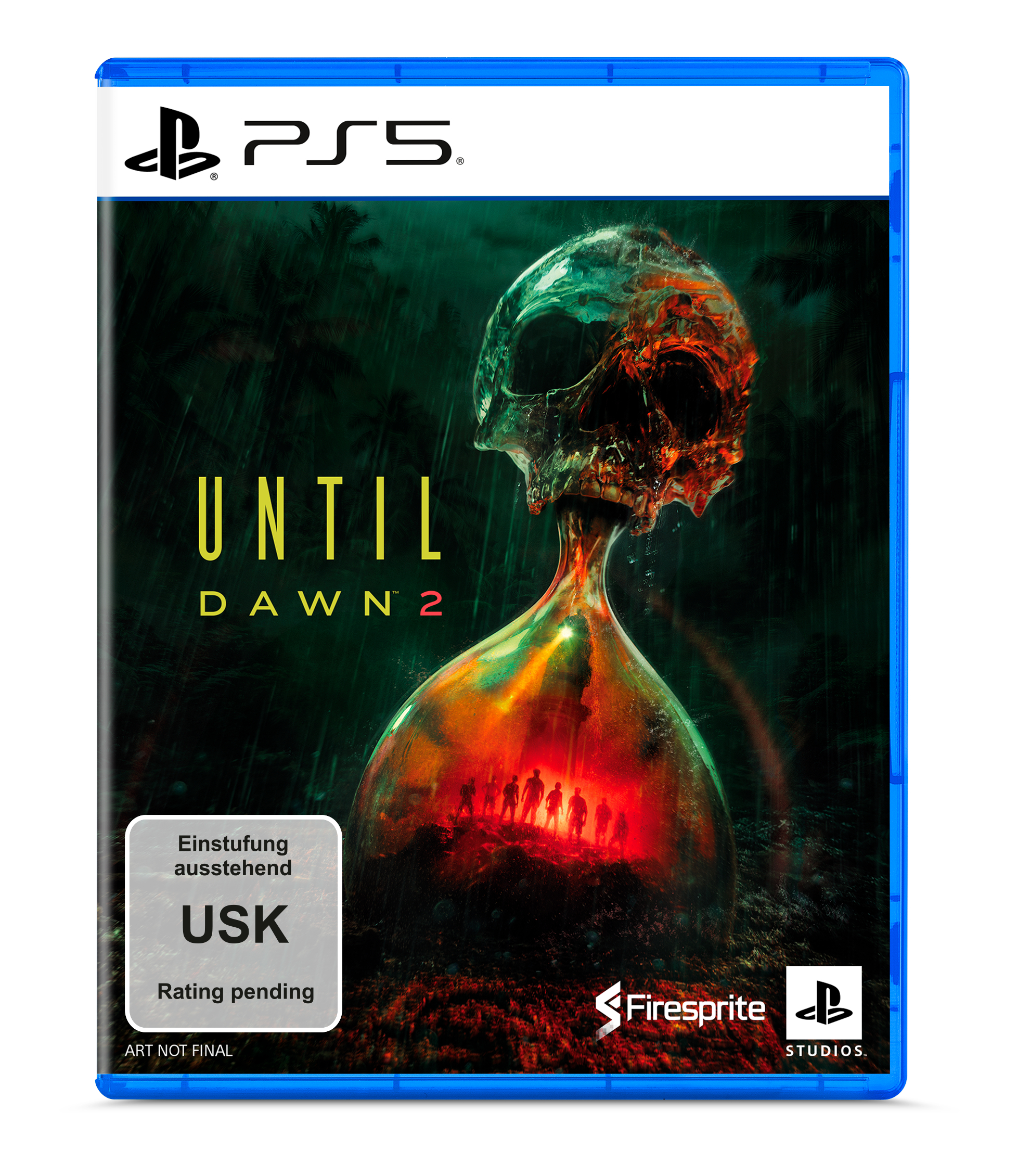 PS5-Spielhülle: Until Dawn 2 mit Totenkopf-Sanduhr und Silhouetten von Menschen im rötlichen Schein.