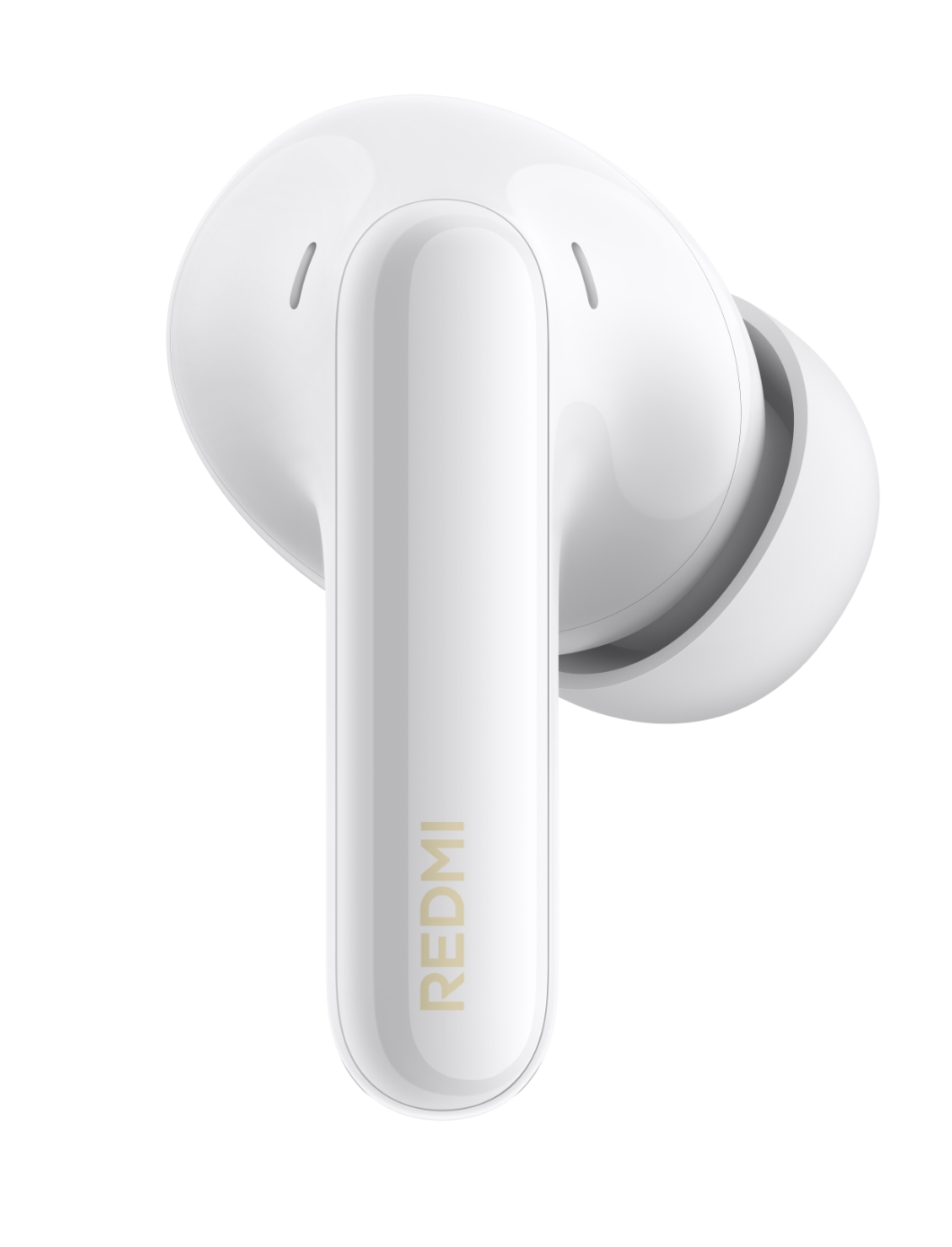 Beyaz arka planda sapında Redmi logosu bulunan beyaz bir Redmi kulak içi kulaklık.