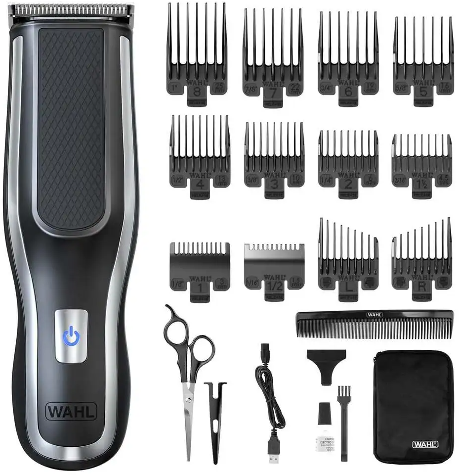 Wahl Haarschneide-Set mit schwarzem Trimmer, Kammaufsätzen, Schere, Kamm, Öl, Ladekabel und Tasche.