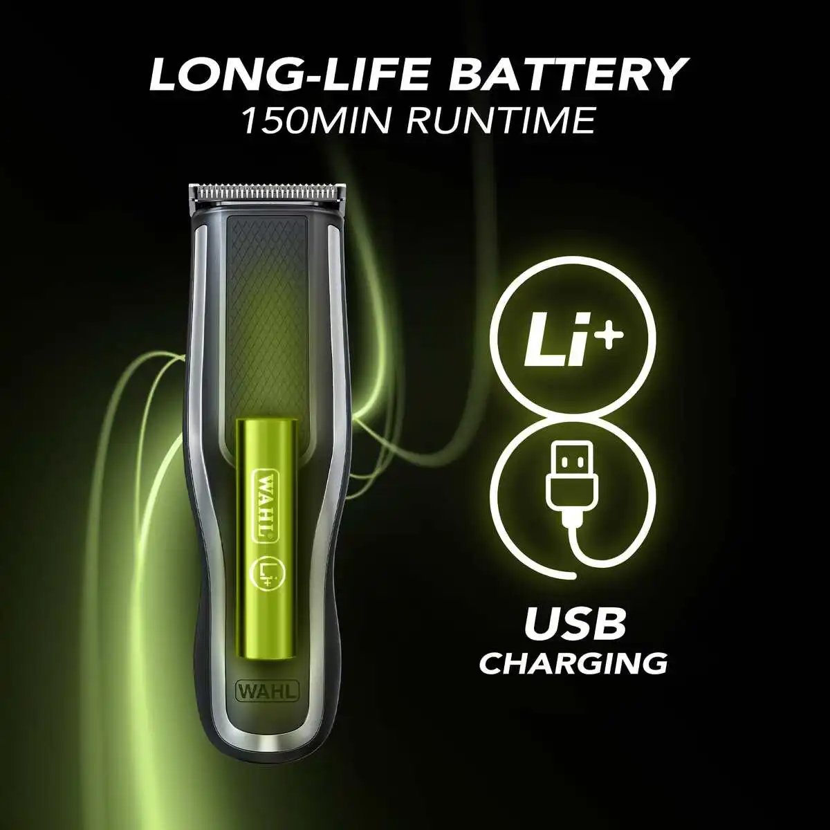 Wahl Haarschneider mit Lithium-Ionen-Akku, USB-Ladefunktion und 150 Minuten Laufzeit auf schwarzem Hintergrund.