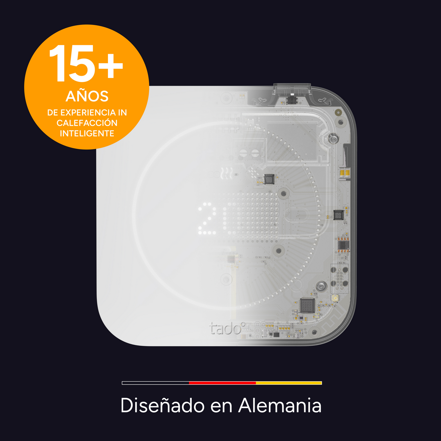 Un termostato tado transparente muestra circuitos internos con una burbuja de texto naranja arriba a la izquierda.