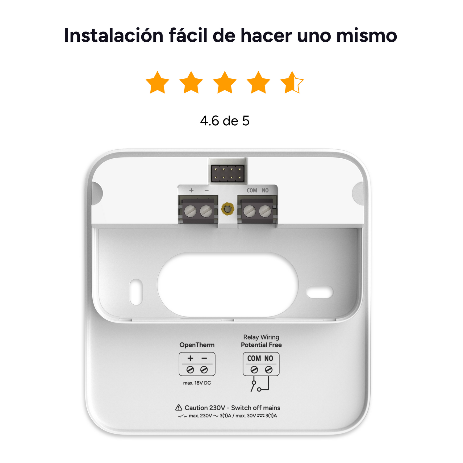 Parte trasera de un termostato blanco con terminales de cableado y advertencia.