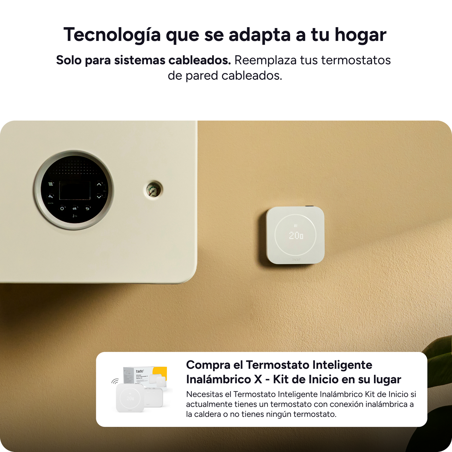 Termostato de pared junto a una caldera, con texto en español sobre termostatos inteligentes.