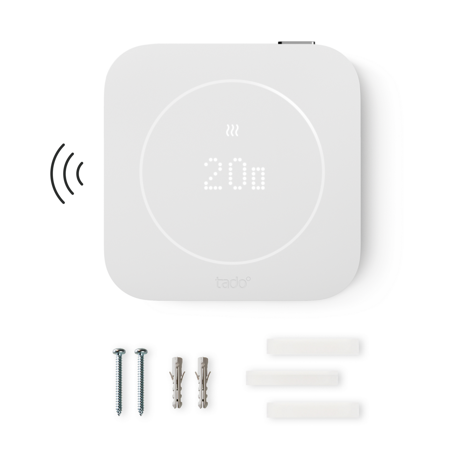 Termostato inteligente Tado blanco con pantalla digital y tornillos sobre fondo blanco.