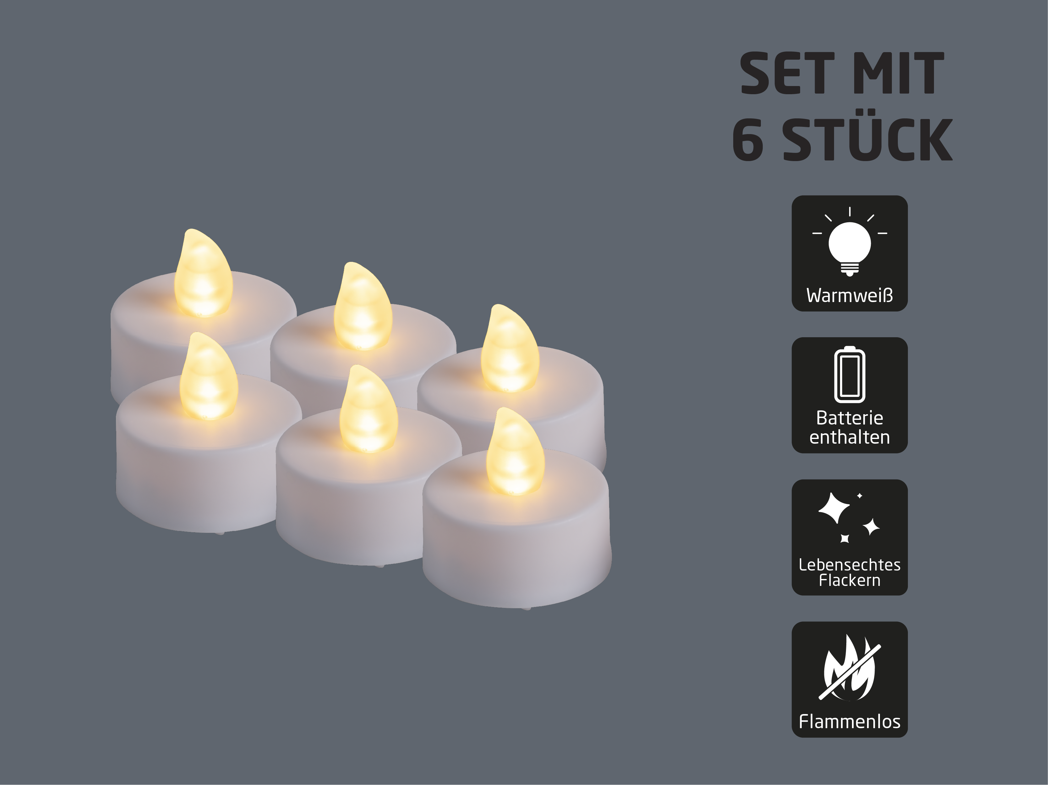 Set mit 6 flammenlosen LED-Teelichtern, warmweiß, batteriebetrieben und mit flackerndem Lichteffekt auf grauem Grund.