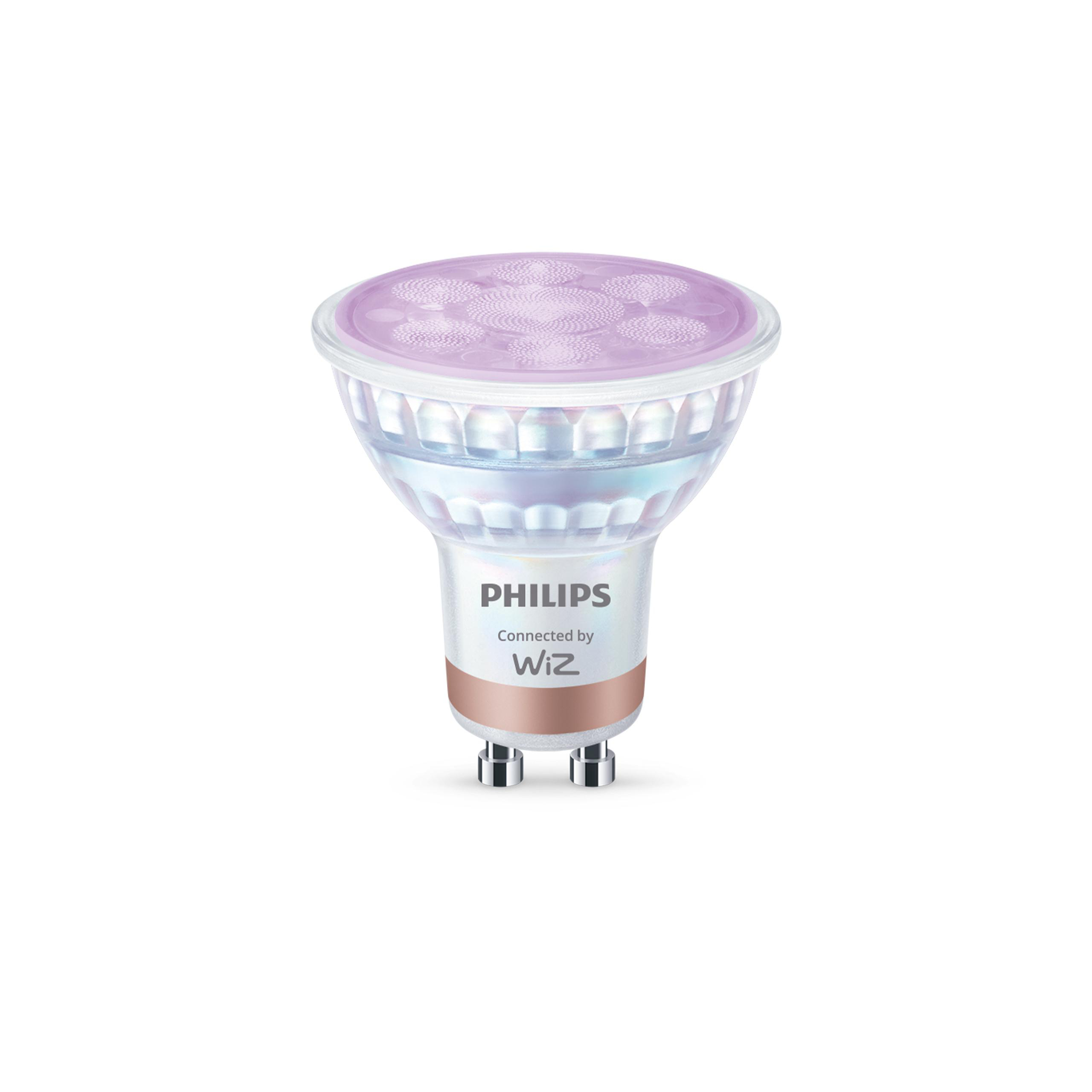Philips Connected by WiZ LED-Lampe mit lilafarbenem Licht auf weißem Hintergrund.