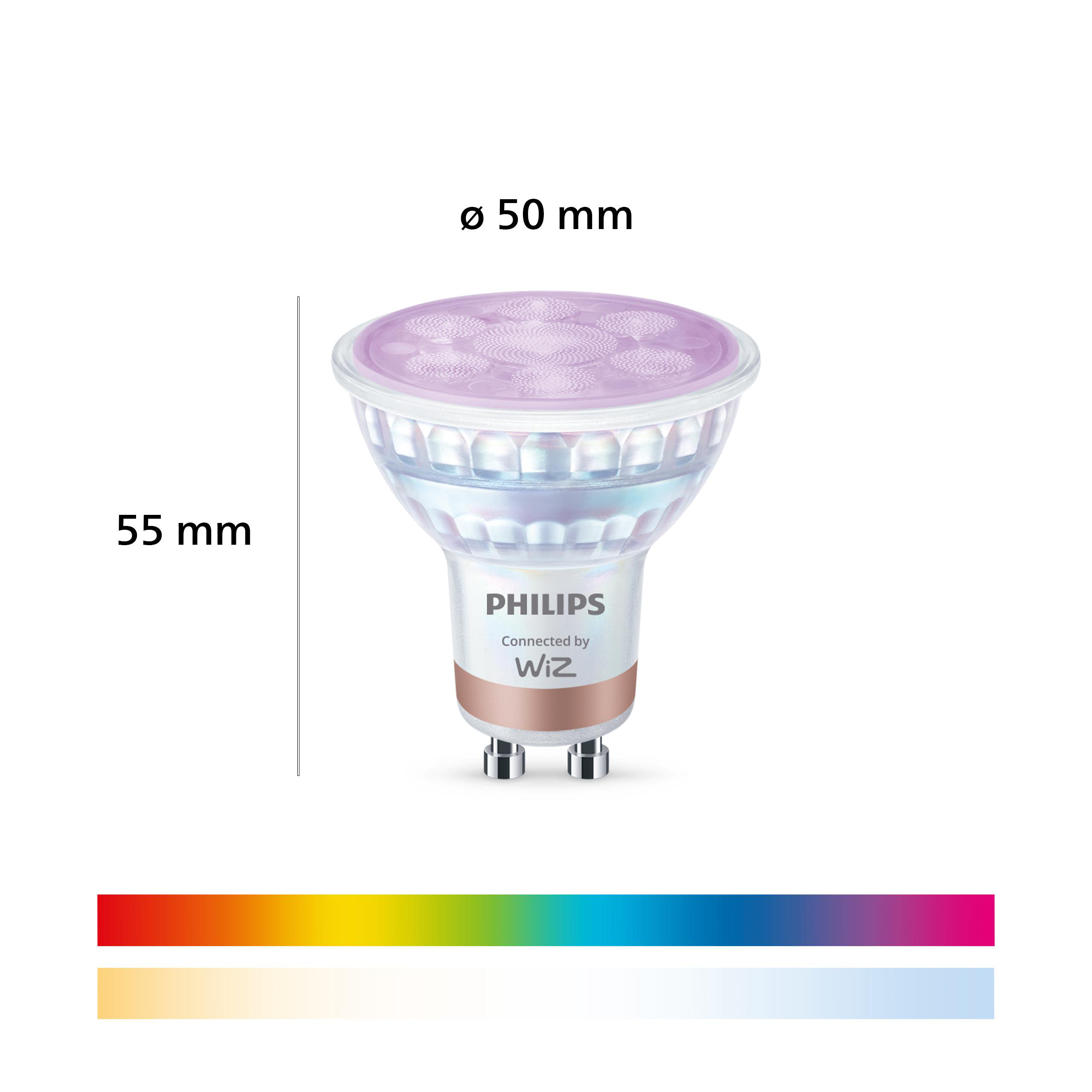 Philips Smart LED Spot mit 50mm Durchmesser, 55mm Höhe und Farbspektrumleisten unten.