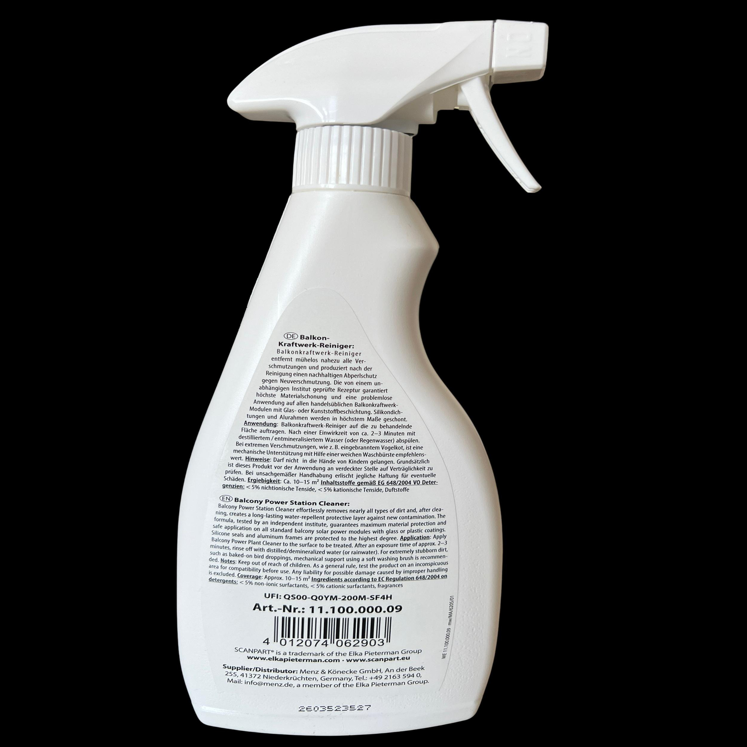 Weiße Sprühflasche mit schwarzem Text und Barcode auf der Rückseite.