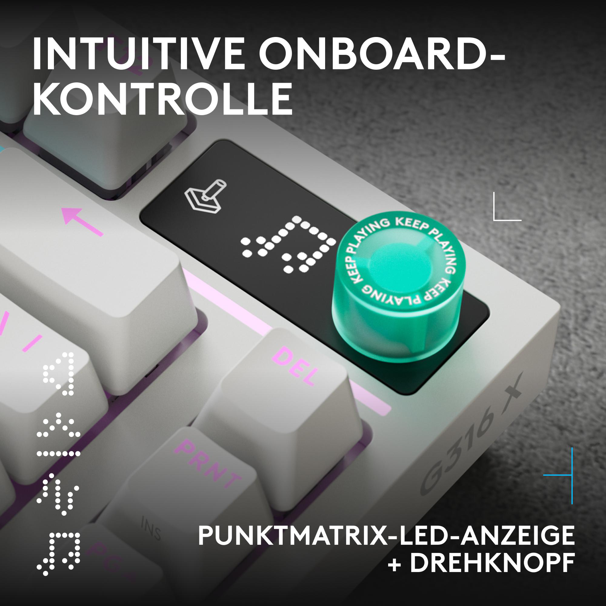Nahaufnahme einer mechanischen Tastatur mit Punktmatrix-LED-Anzeige und grünem Drehknopf.