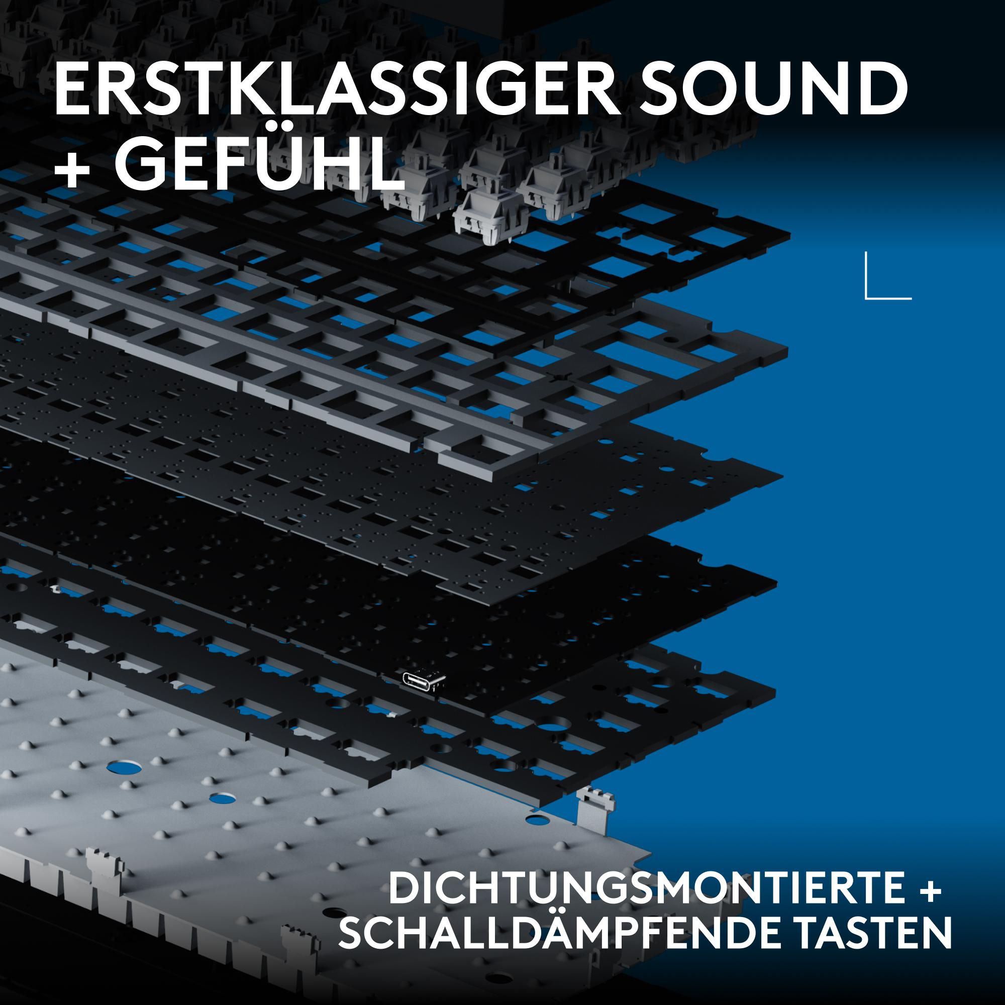 Explosionsansicht einer mechanischen Tastatur mit mehreren Dämpfungsschichten und Schaltern auf blauem Hintergrund.