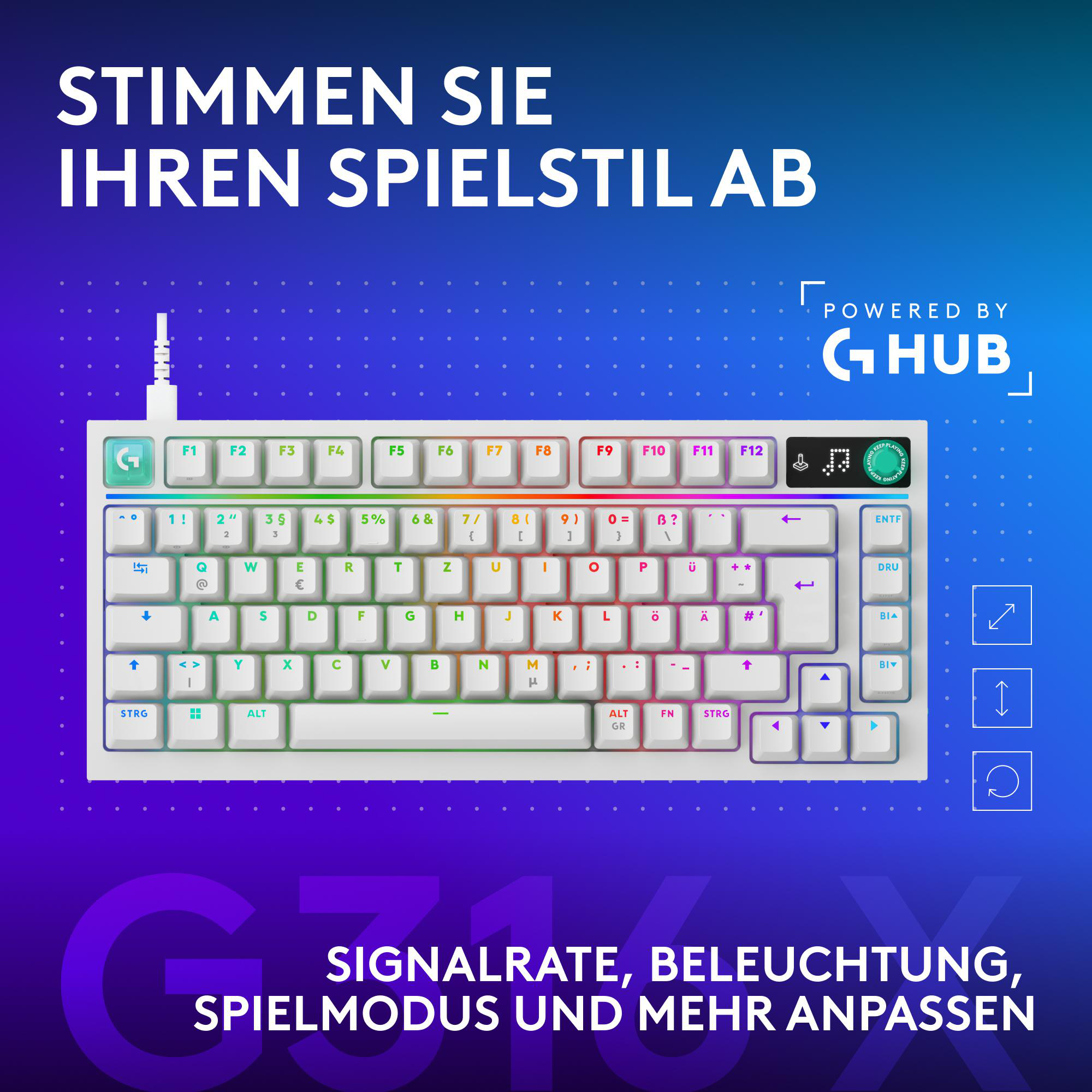 Weiße Gaming-Tastatur mit RGB-Beleuchtung auf blauem Hintergrund mit Text.