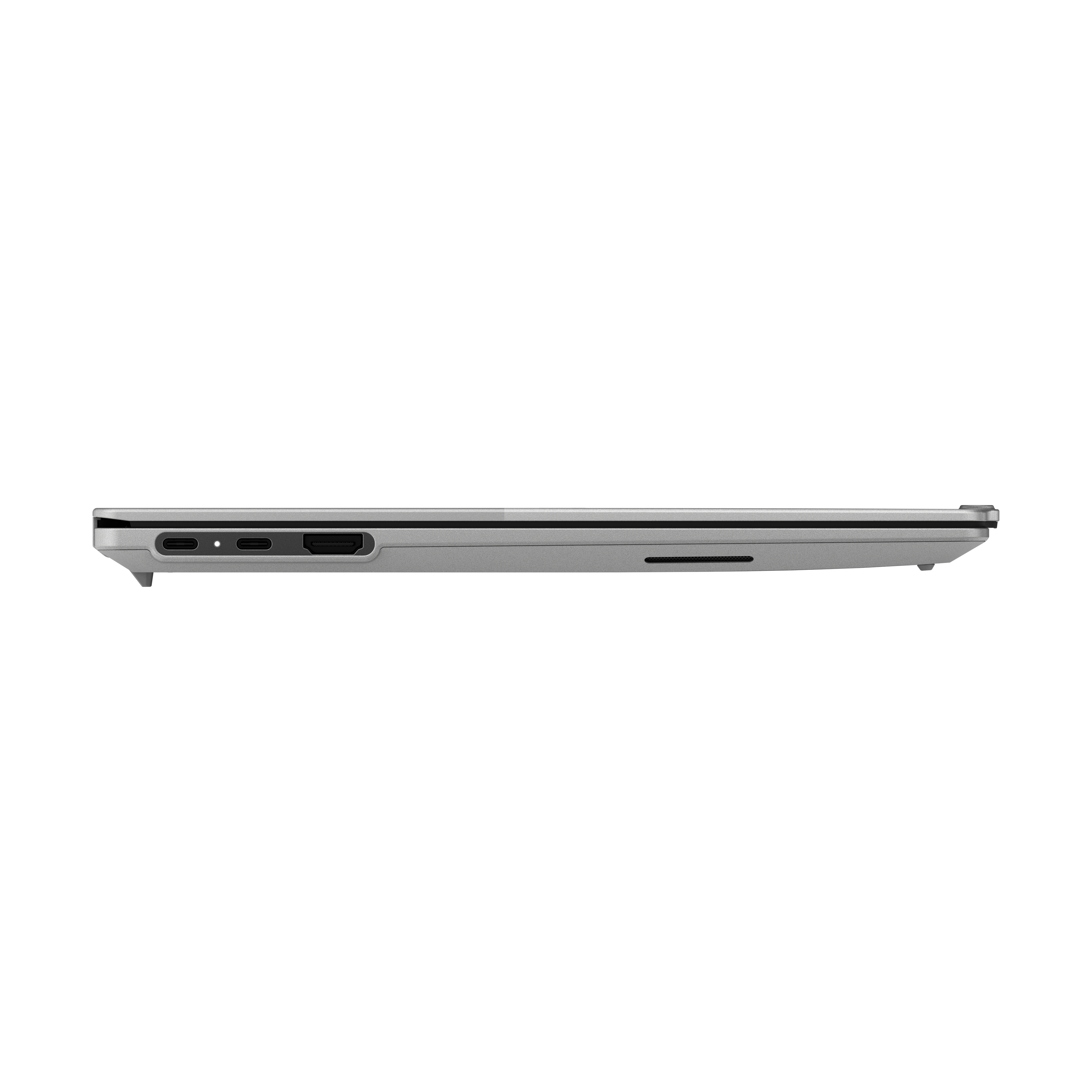 Linke Seite eines silbernen Laptops mit Anschlüssen auf schwarzem Hintergrund.