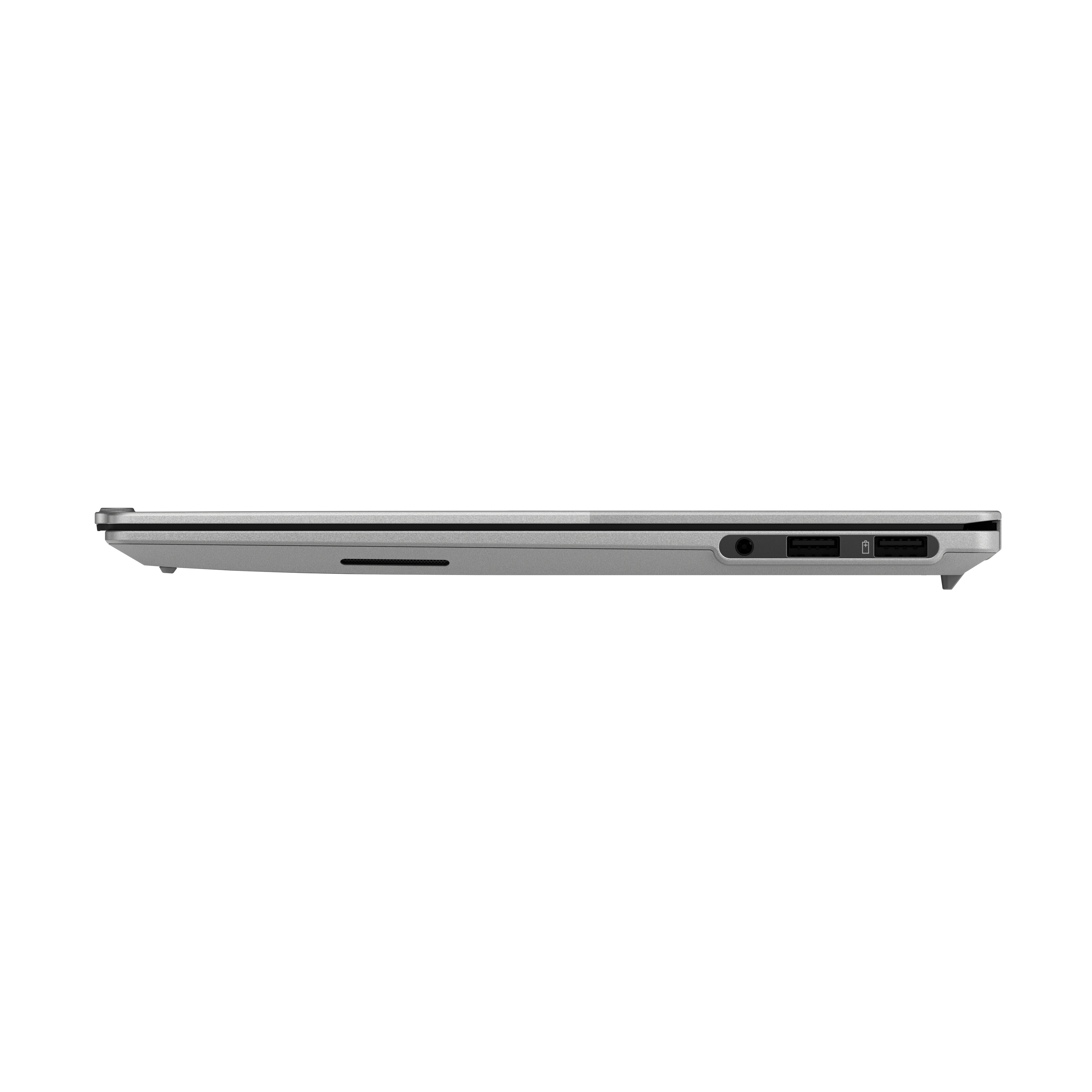 Seitenansicht eines silbernen Laptops auf schwarzem Hintergrund mit zwei USB-Anschlüssen und einer Audiobuchse.