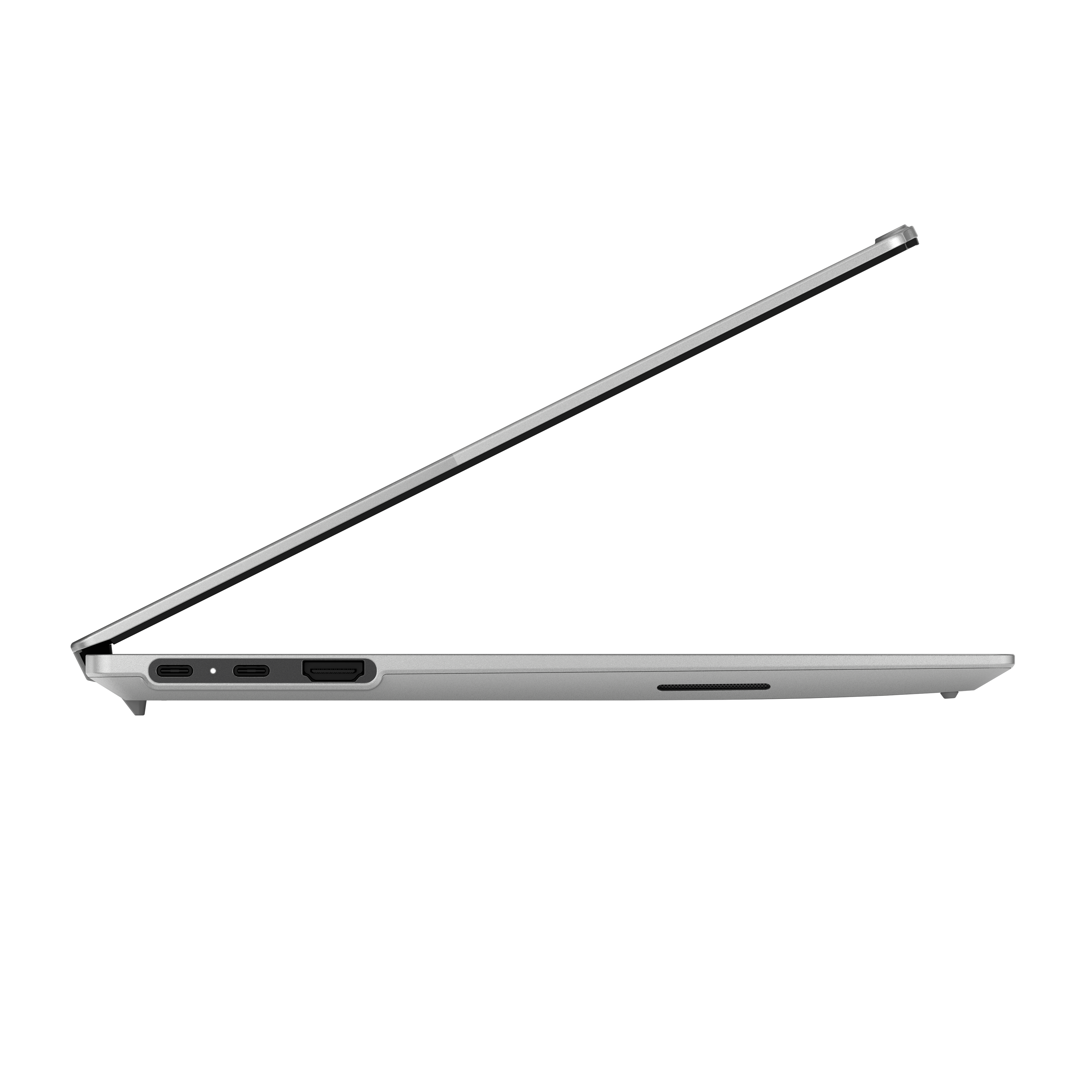 Seitenansicht eines silbernen Laptops mit USB-C- und HDMI-Anschlüssen auf schwarzem Hintergrund.