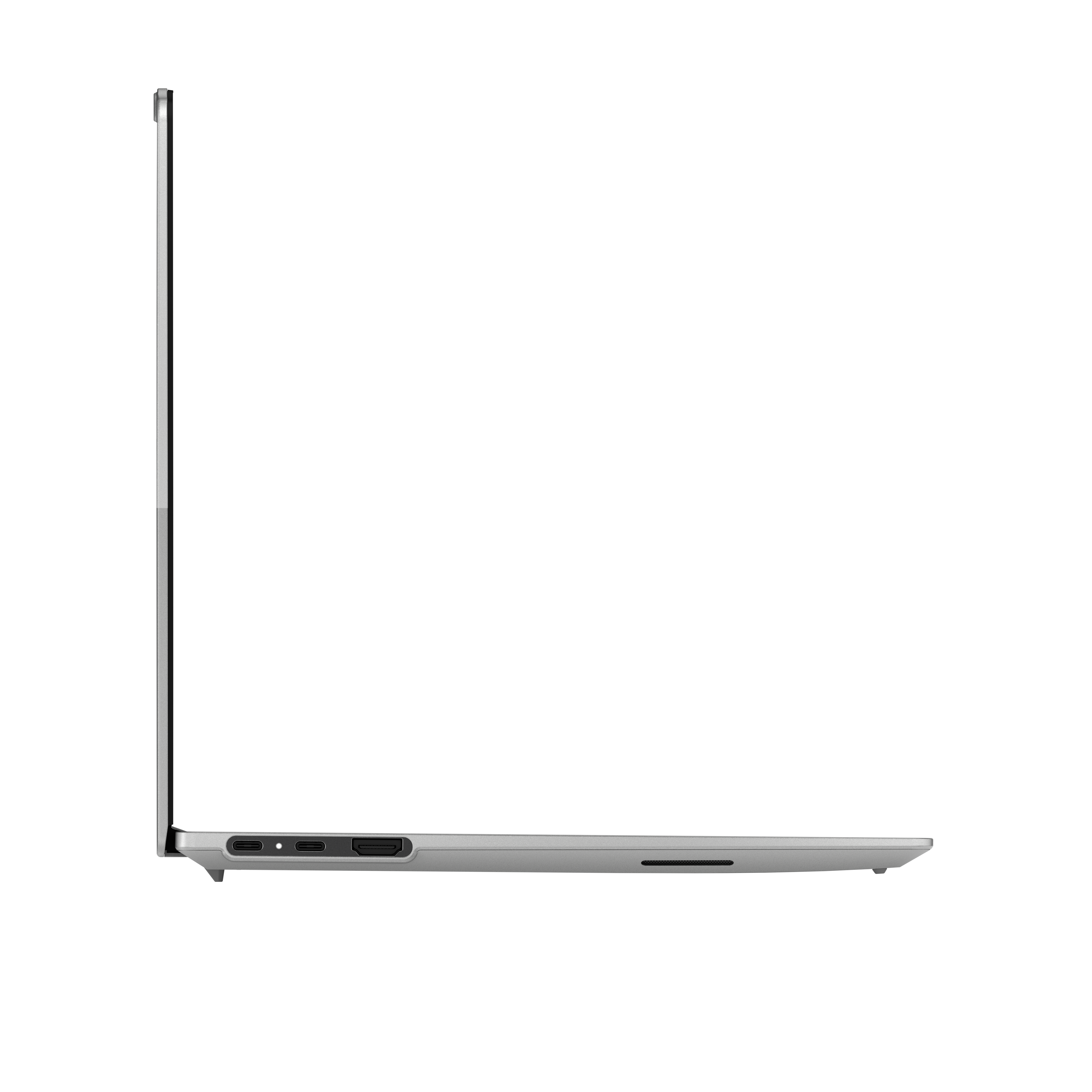 Seitenansicht eines silbernen Laptops auf schwarzem Hintergrund, mit Anschlüssen links.