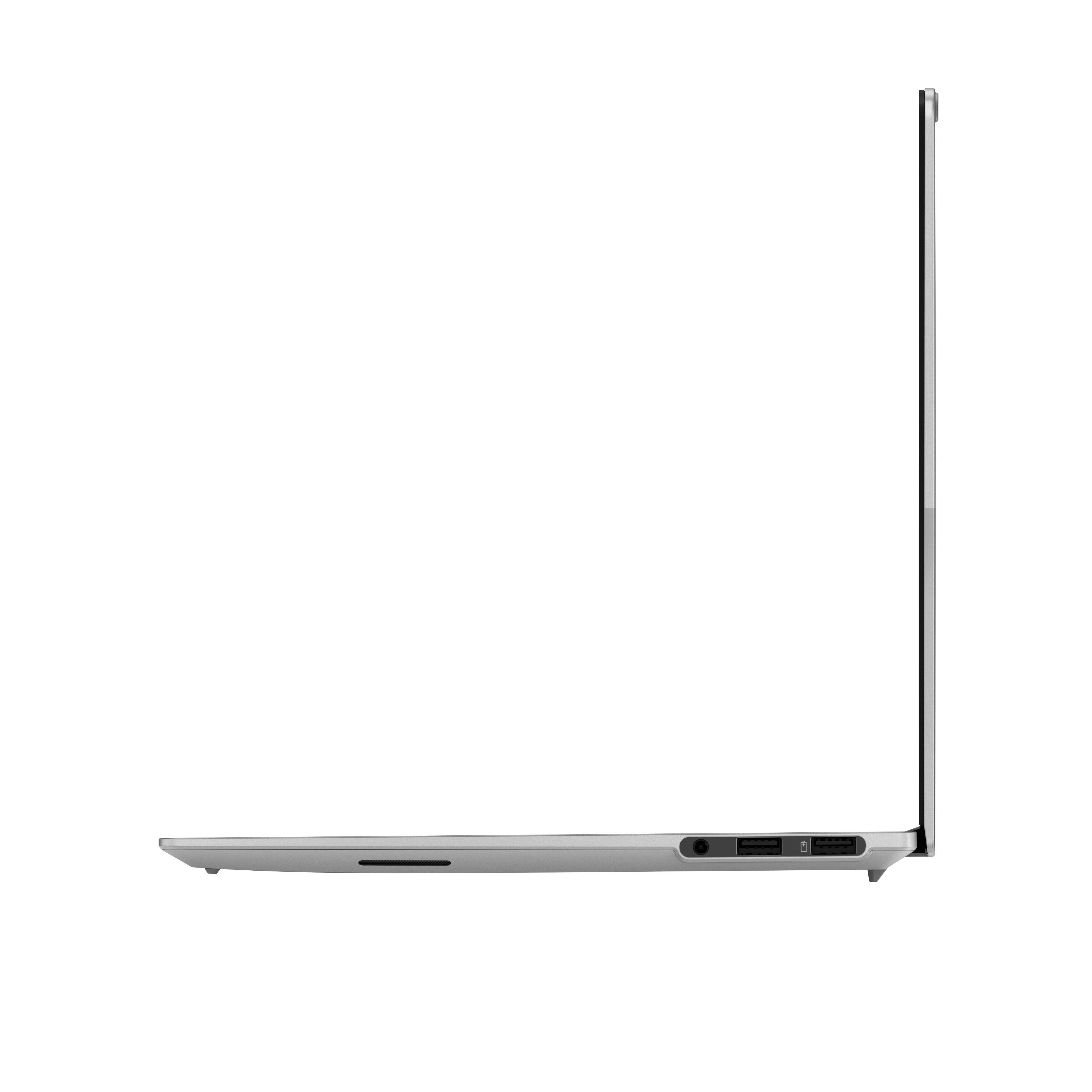 Ein silberner Laptop von der Seite auf schwarzem Hintergrund mit Anschlüssen.