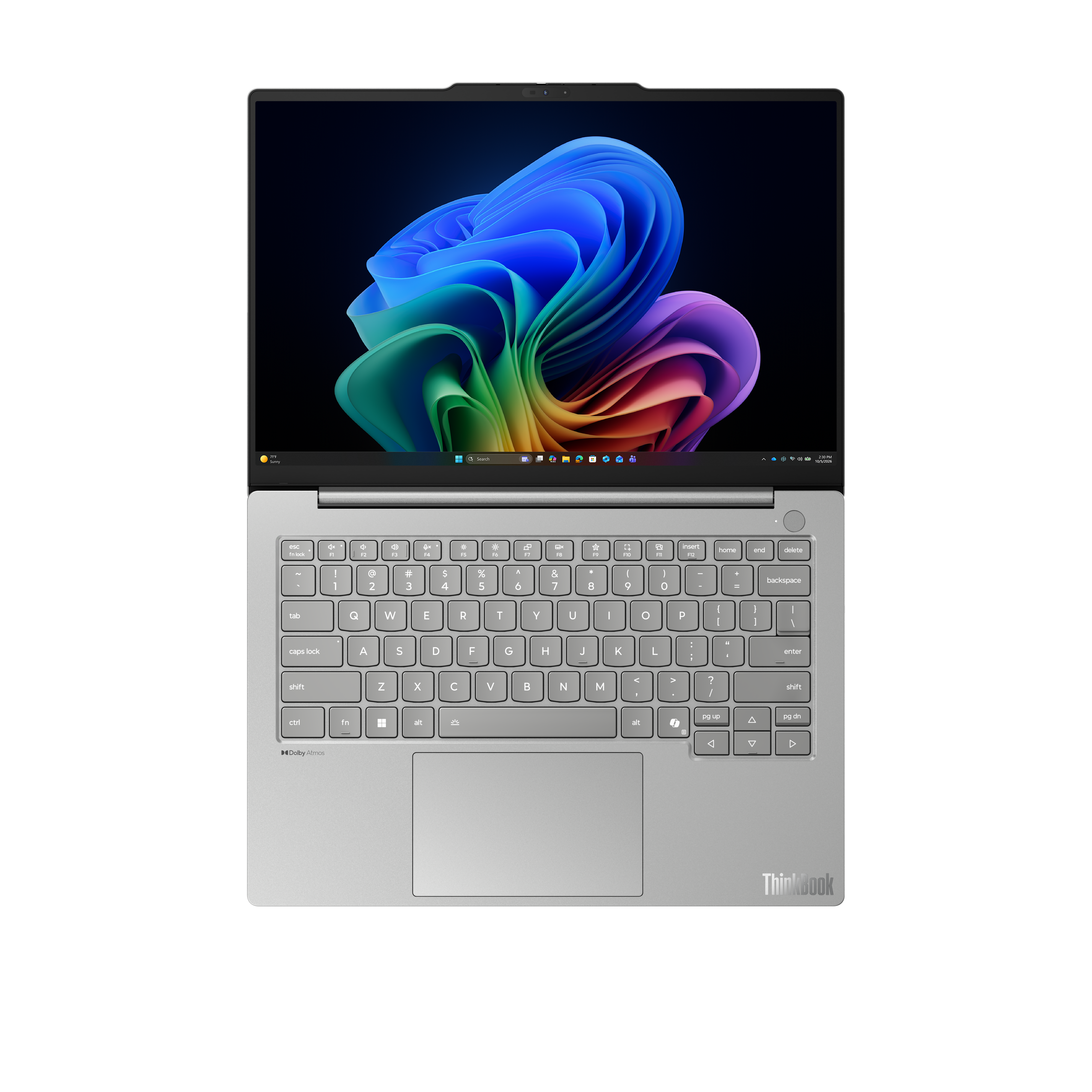 Silberner Laptop mit farbigem Hintergrundbild auf dem Bildschirm und integrierter QWERTZ-Tastatur.