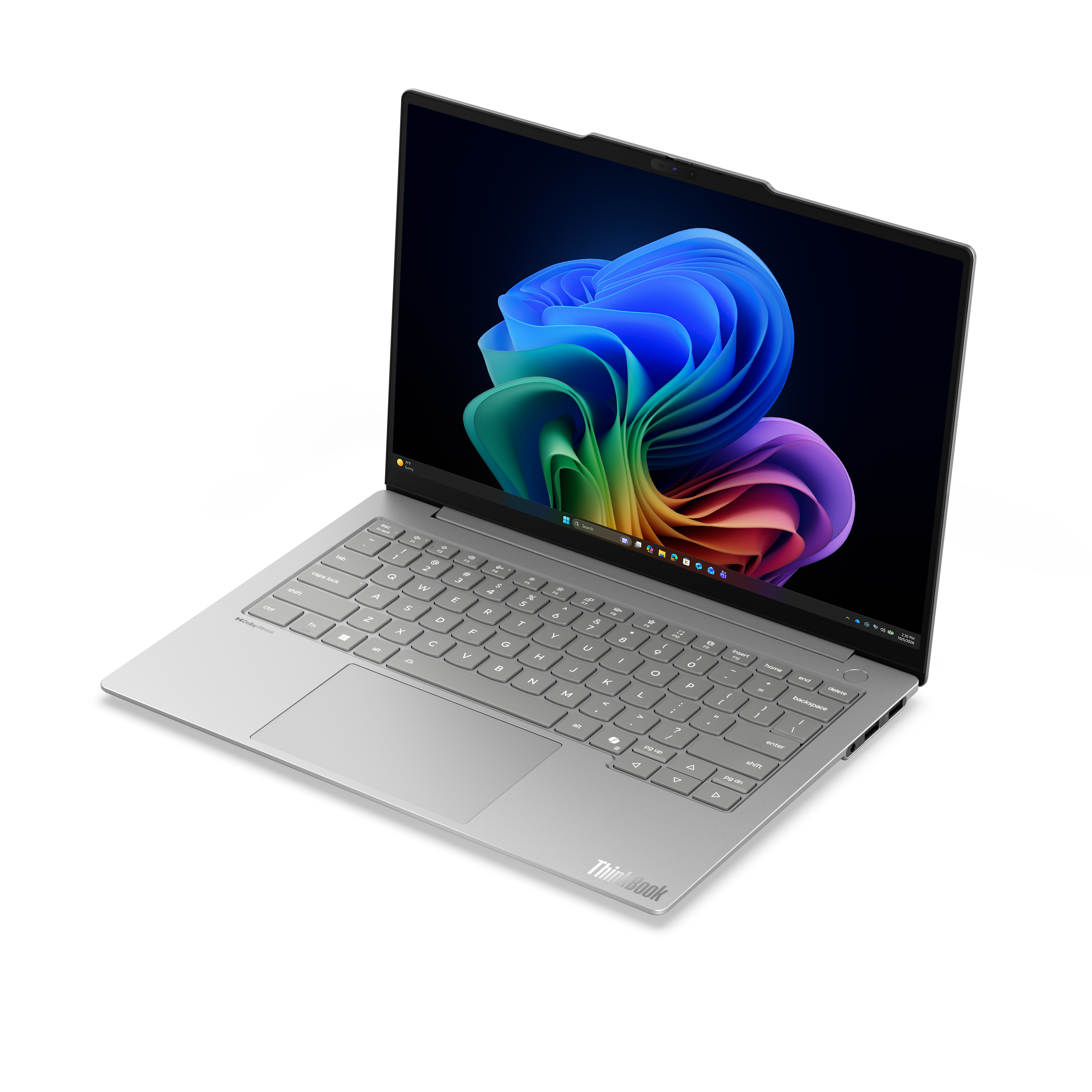 Ein silberner Laptop mit buntem Bildschirm auf weißem Hintergrund.