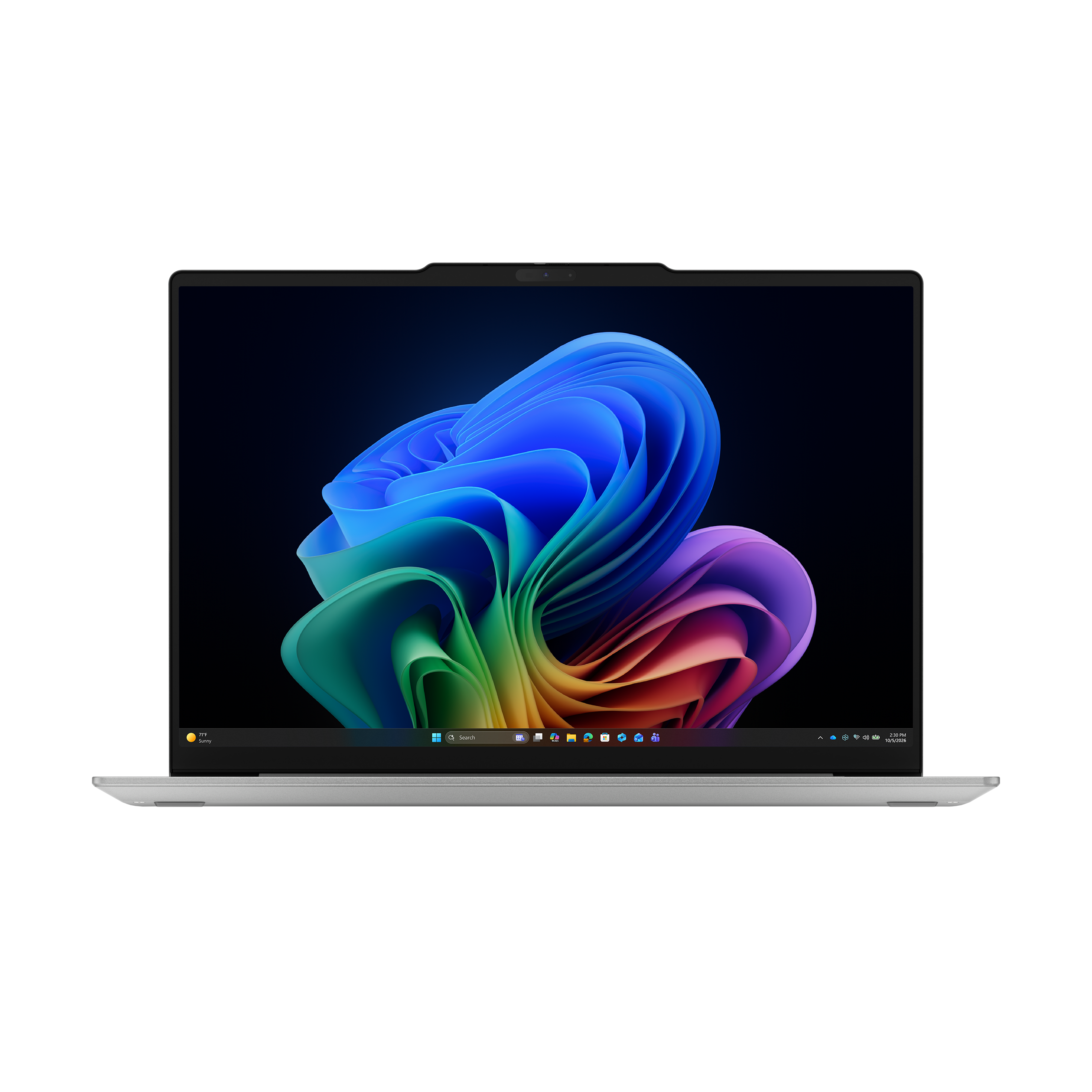 Ein silberner Laptop mit einem bunten abstrakten blau-grün-lila Hintergrundbild auf dem Bildschirm vor weißem Hintergrund.