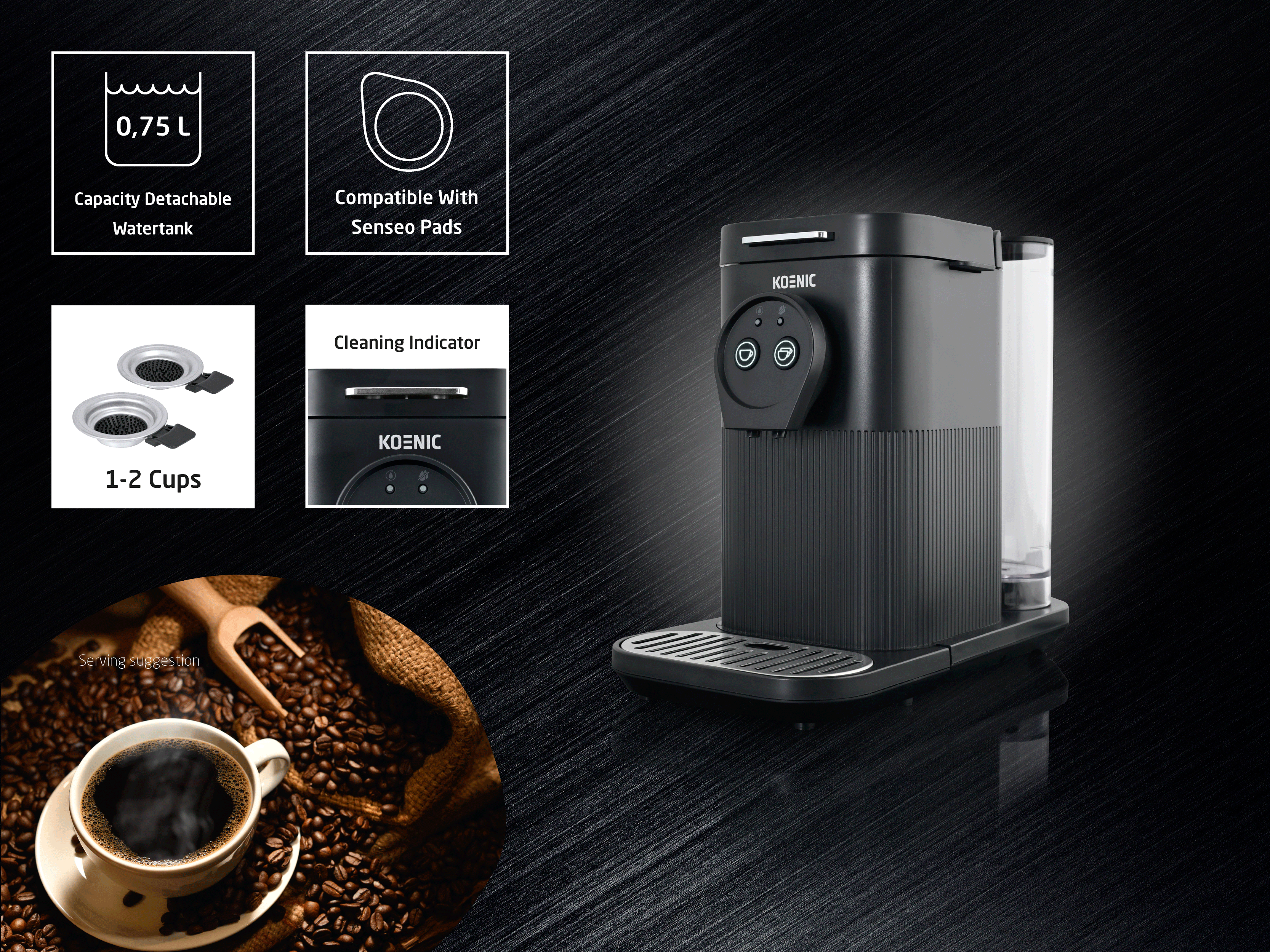 Eine schwarze Koenic-Kaffeemaschine mit Highlights und einer Tasse Kaffee auf Kaffeebohnen.